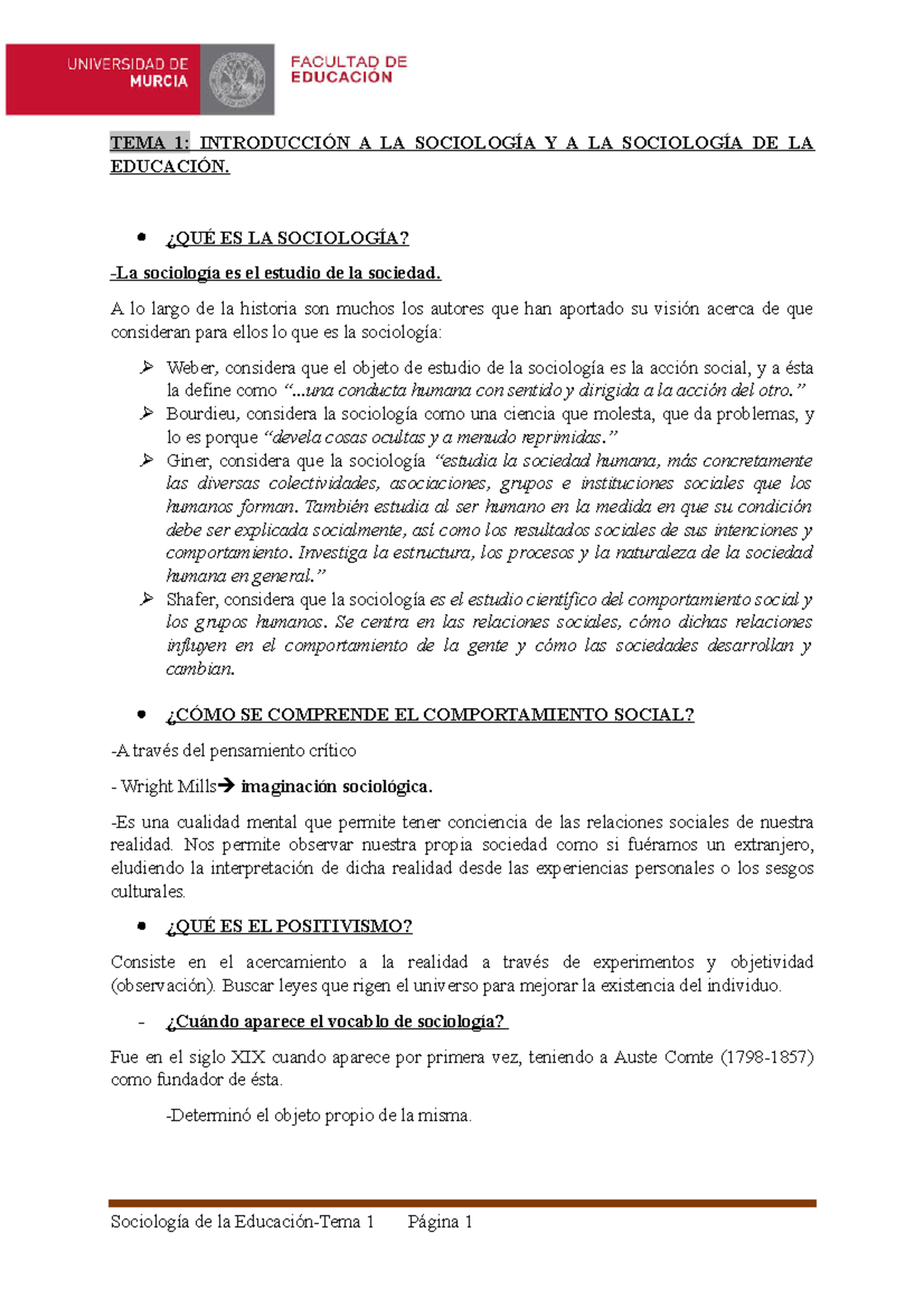 Tema 1 - TEMA 1: INTRODUCCIÓN A LA SOCIOLOGÍA Y A LA SOCIOLOGÍA DE LA ...