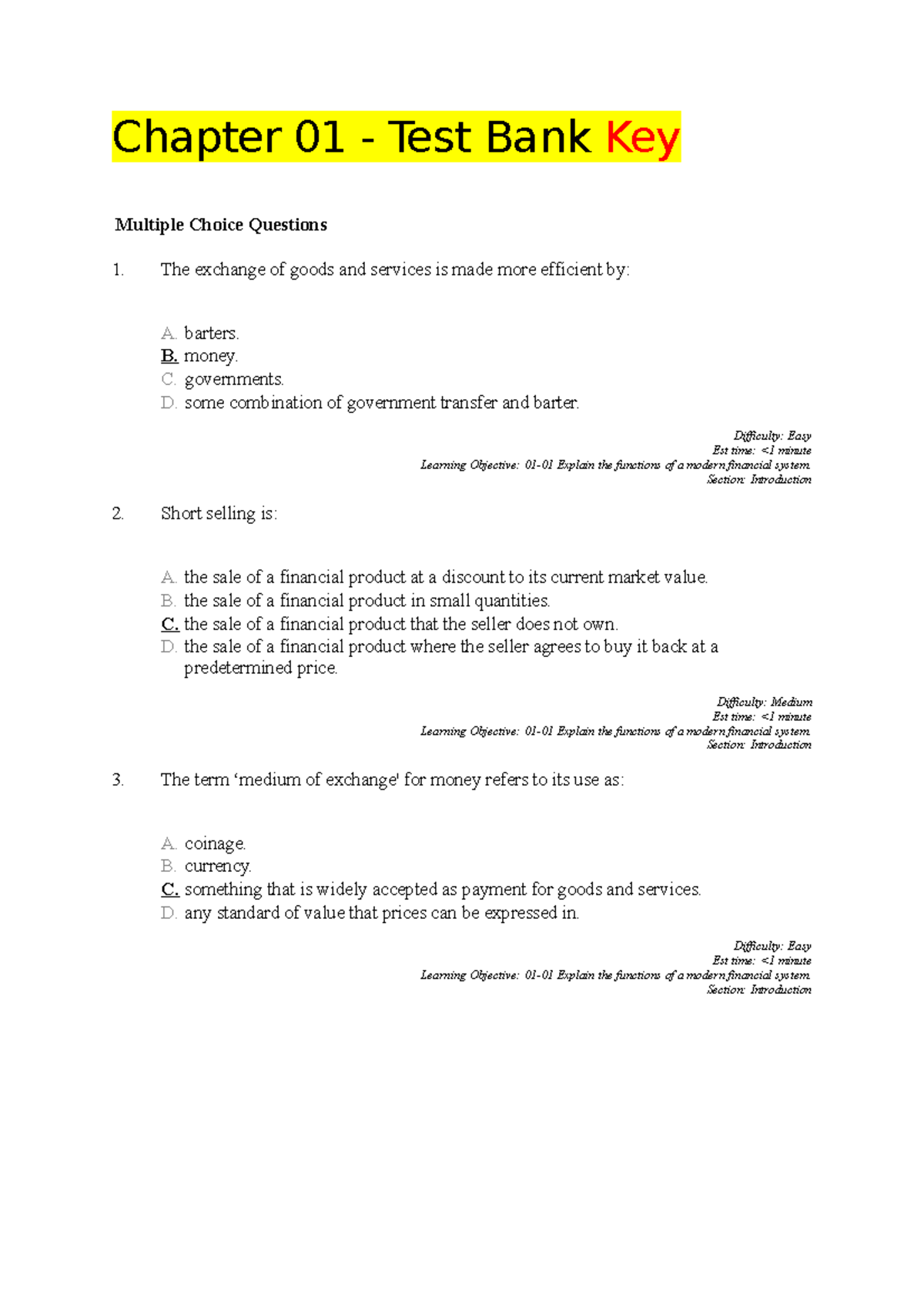 Fins1612 Chp 1 Question Bank - Chapter 01 - Test Bank Key Multiple ...