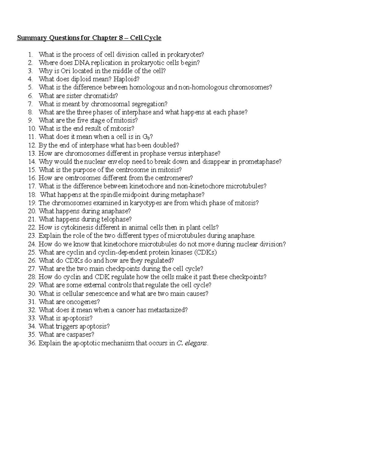 Summary+for+Chapter+8 - Summary Questions for Chapter 8 Cell Cycle 1 ...