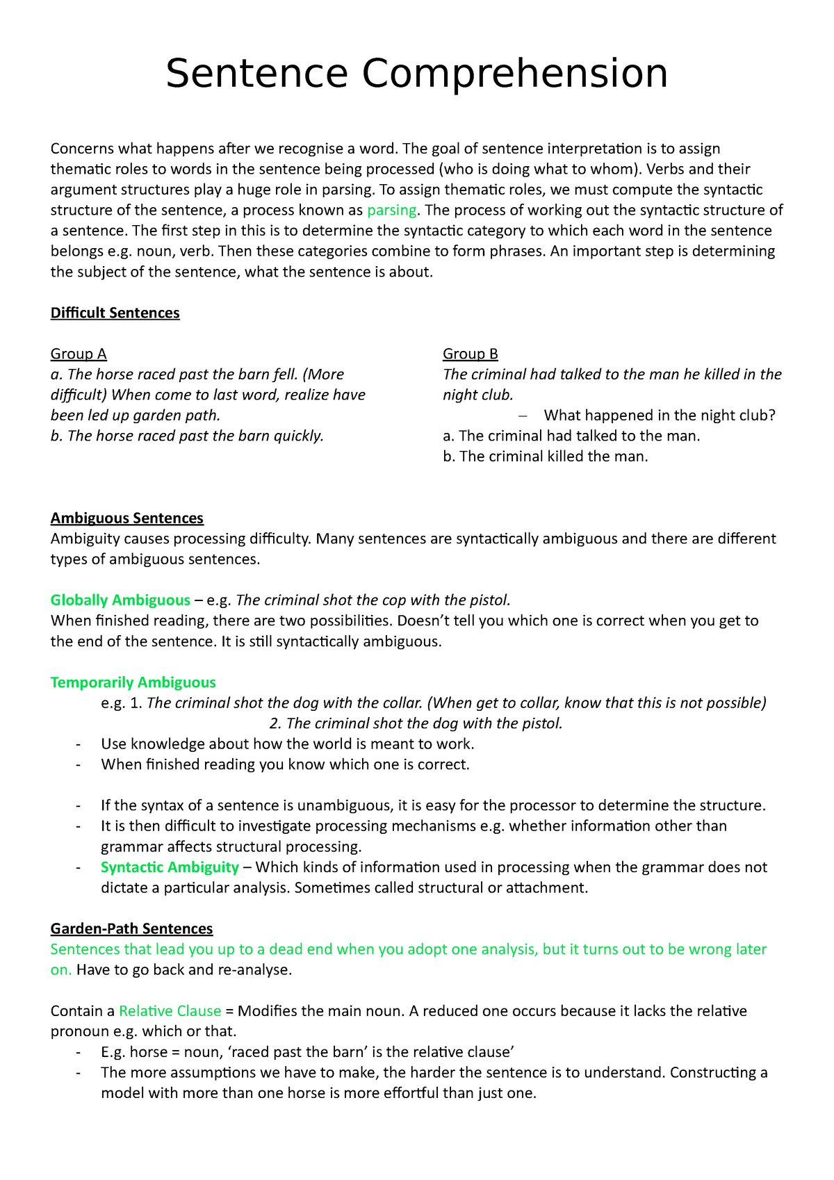 Lecture 4 Sentence Comprehension Sentence Comprehension Concerns 