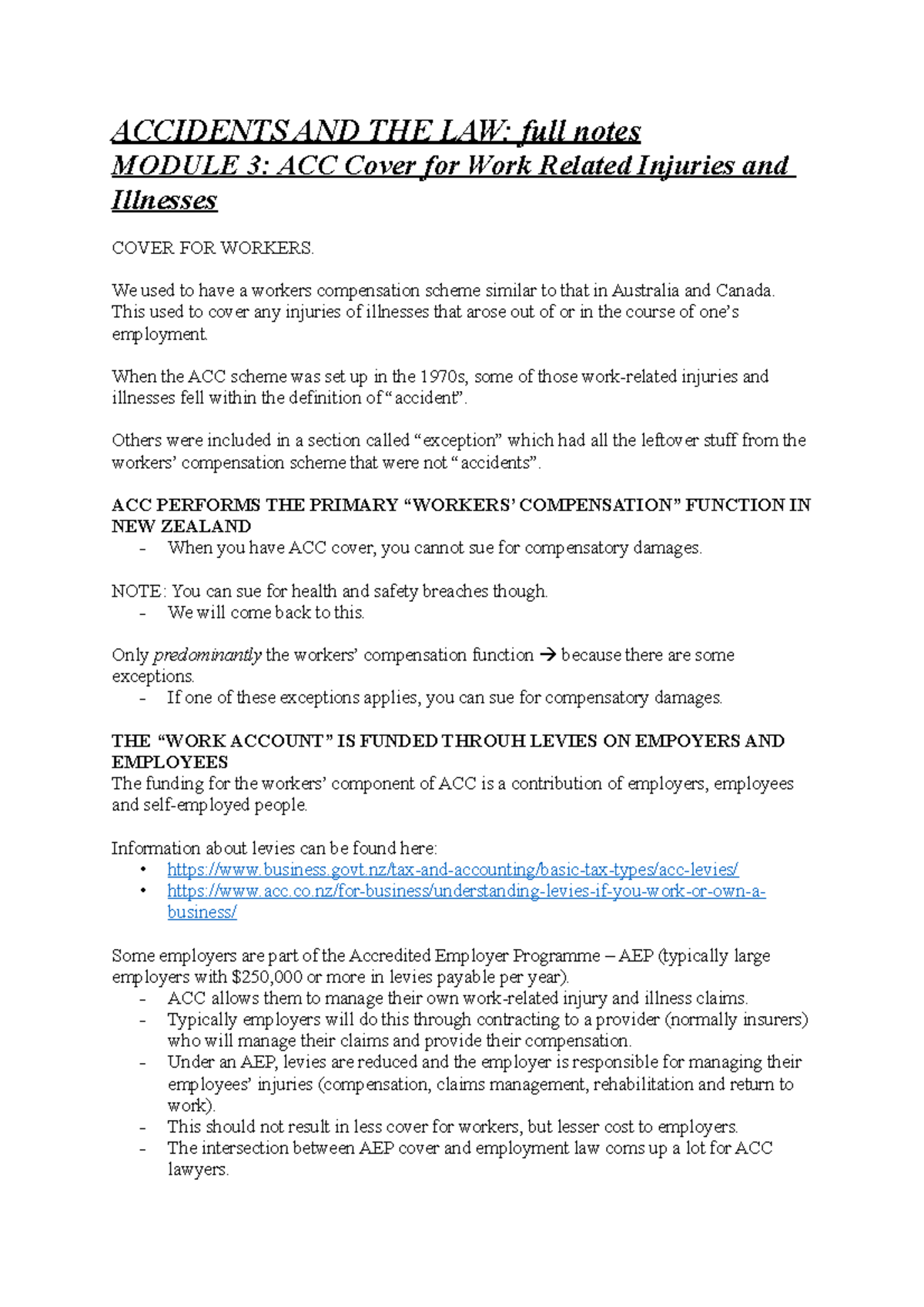 WORK- Related fullnotes - ACCIDENTS AND THE LAW: full notes MODULE 3 ...