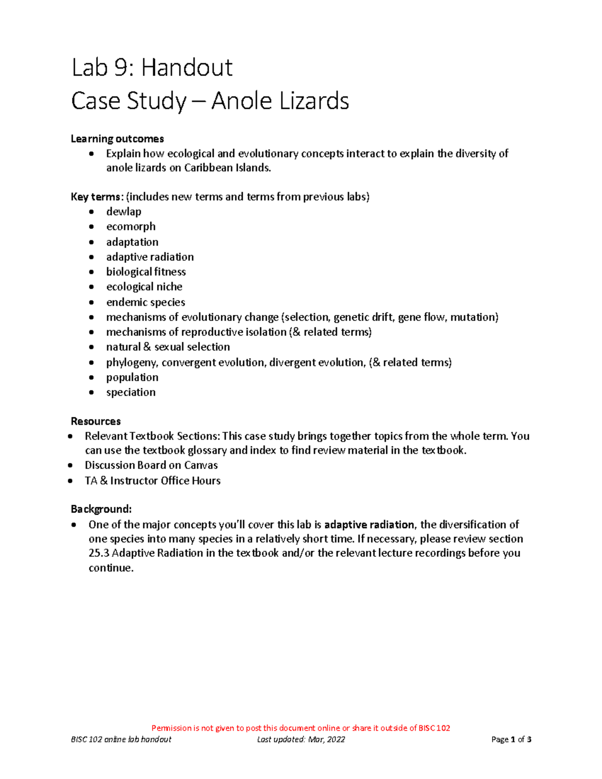 Lab 9 Handout - Anole Case Study - Permission is not given to post this ...