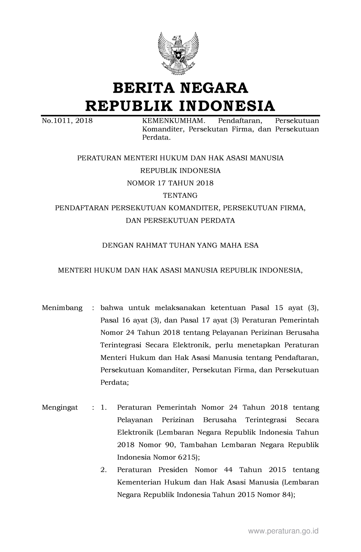 Permenkumham Nomor 17 Tahun 2018 - BERITA NEGARA REPUBLIK INDONESIA No ...