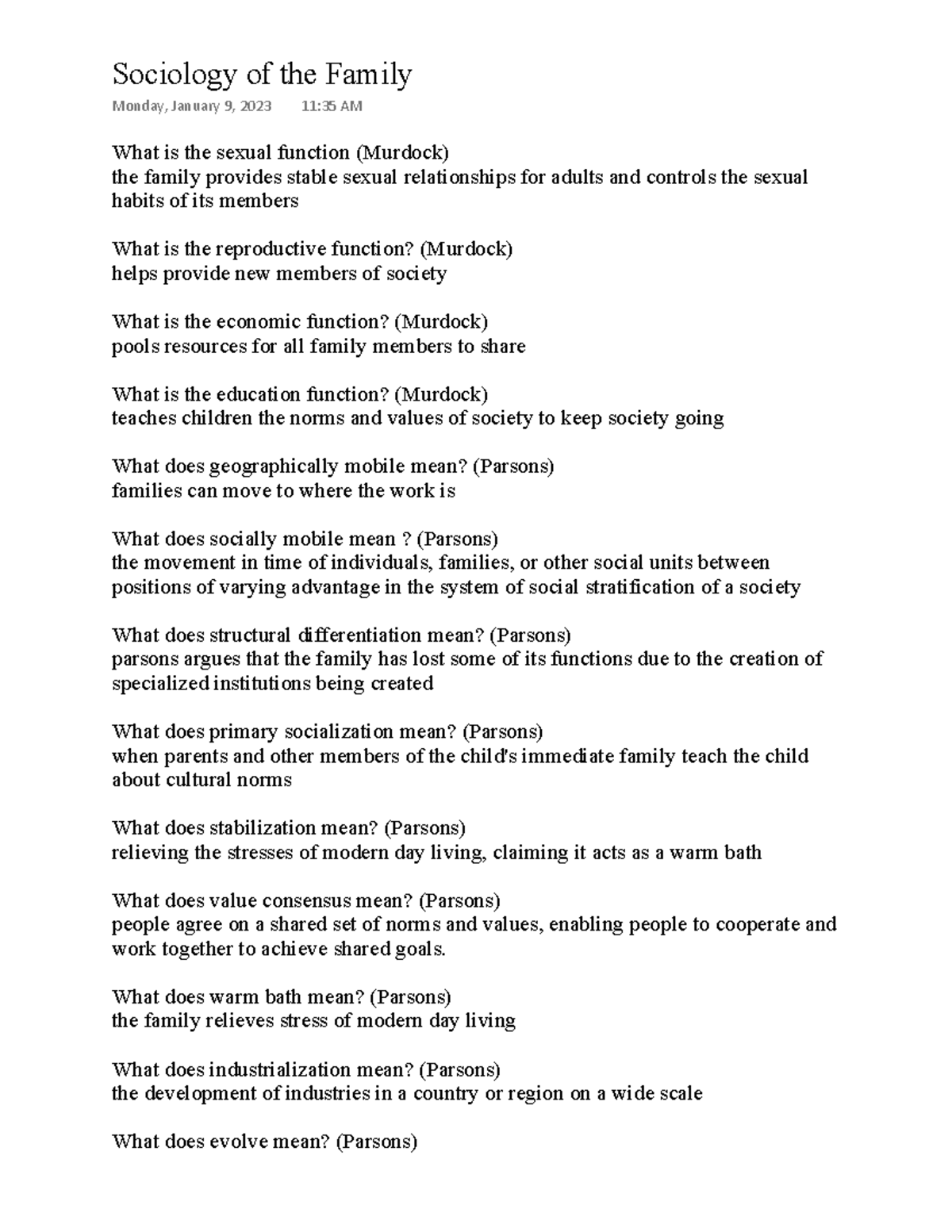 Sociology of the Family lecture 2 What is the sexual function (Murdock) the family provides