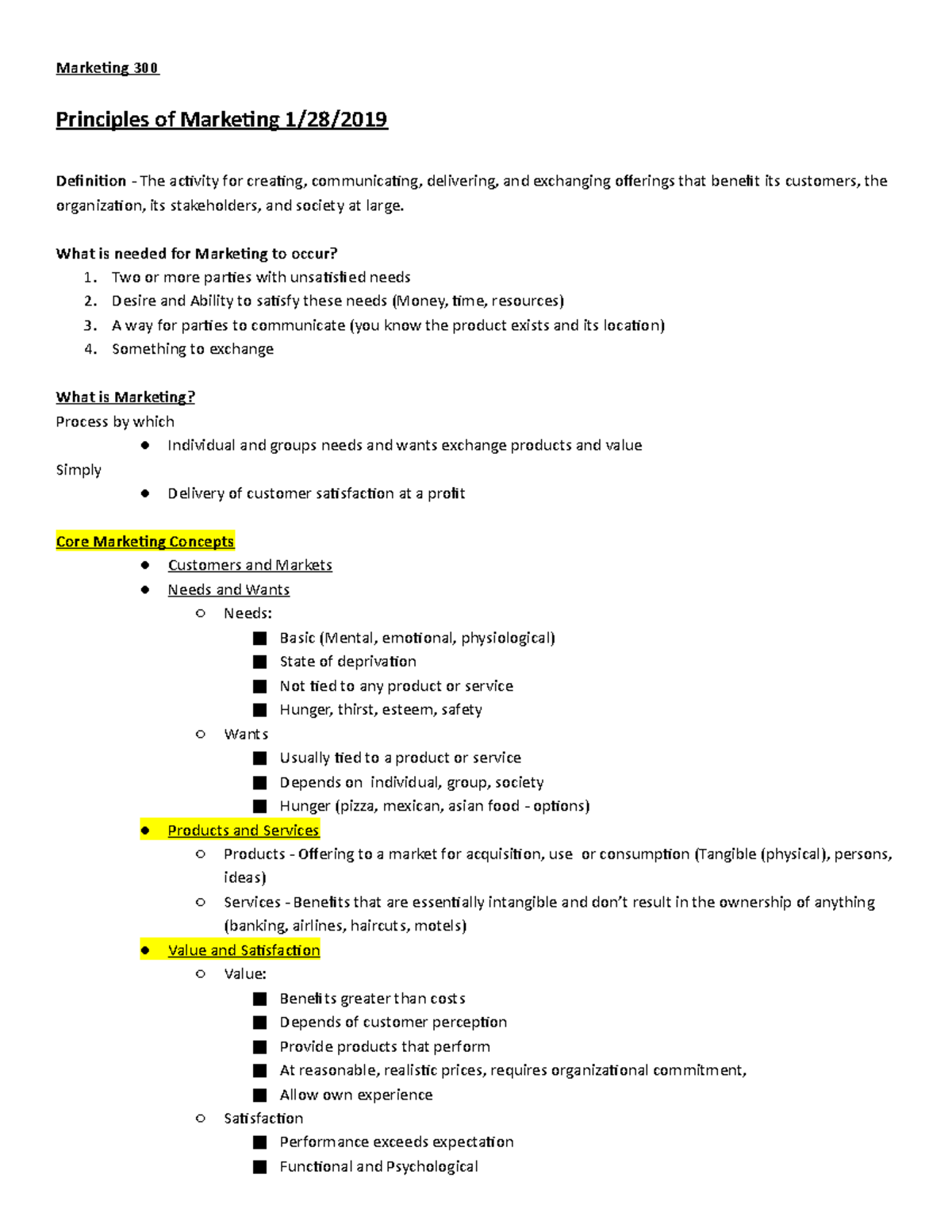 MKTG 300 Notes - Marketing 300 Principles Of Marketing 1/28/ Definition ...