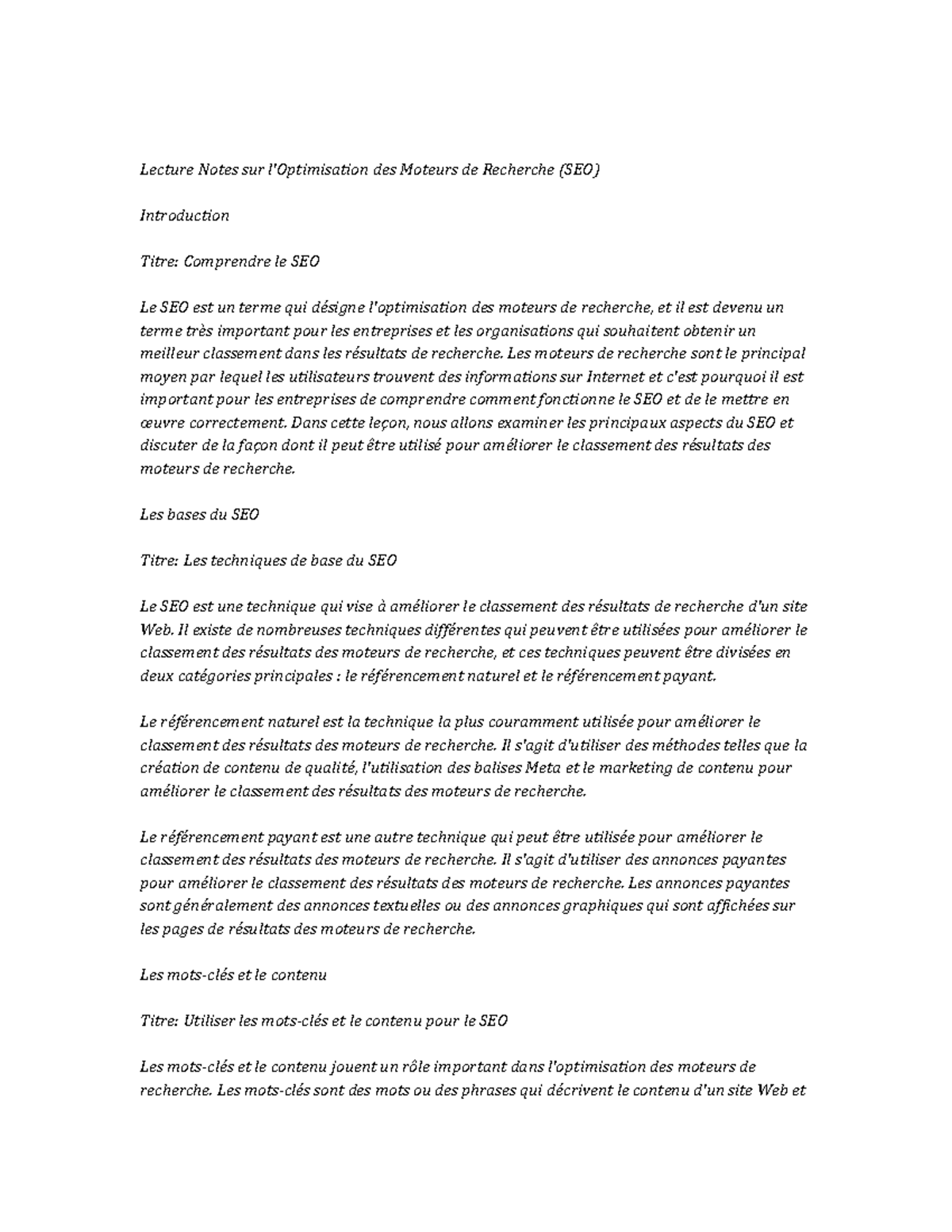 Search Engine Optimization (SEO) note study - Lecture Notes sur l ...