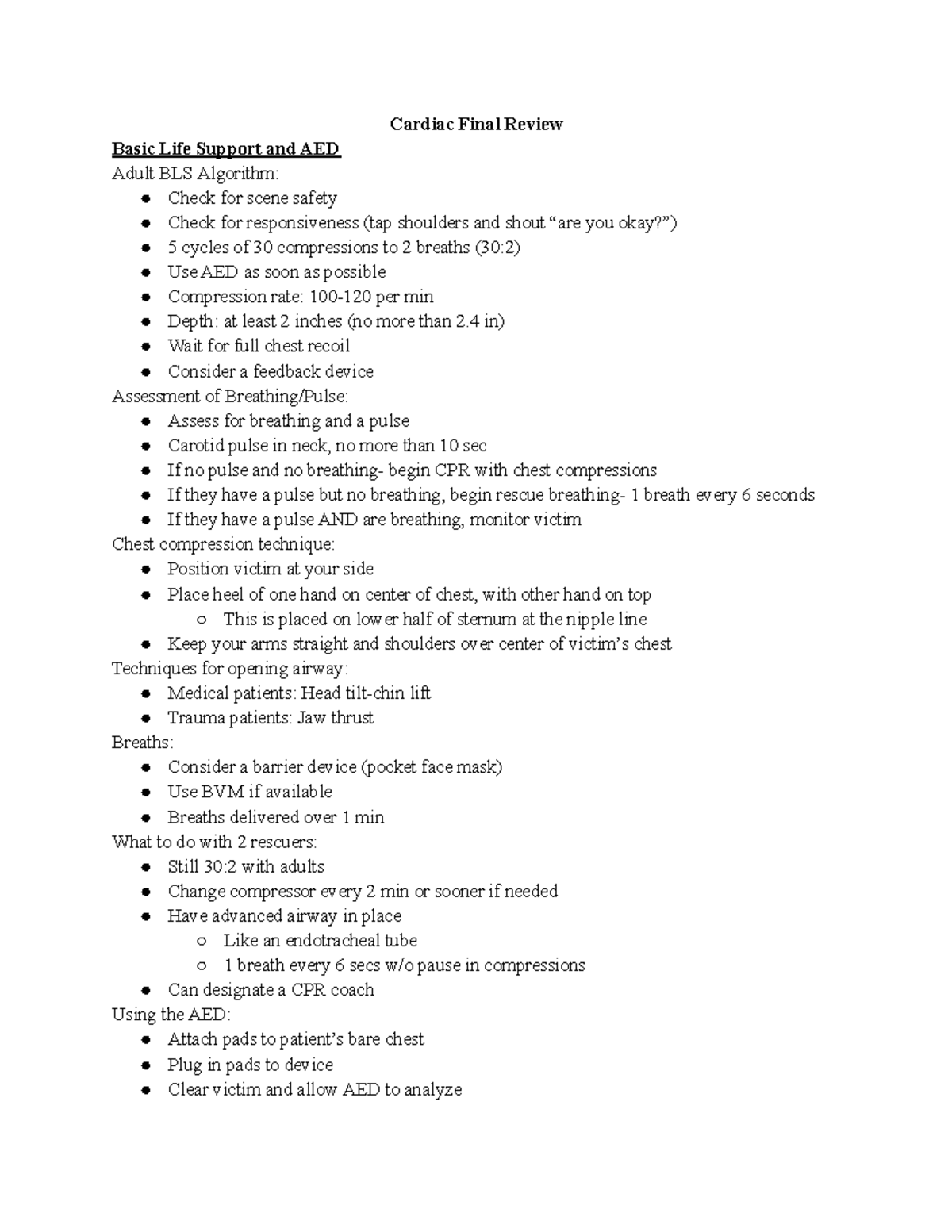 Cardiac Final Review- 417 - Cardiac Final Review Basic Life Support and ...