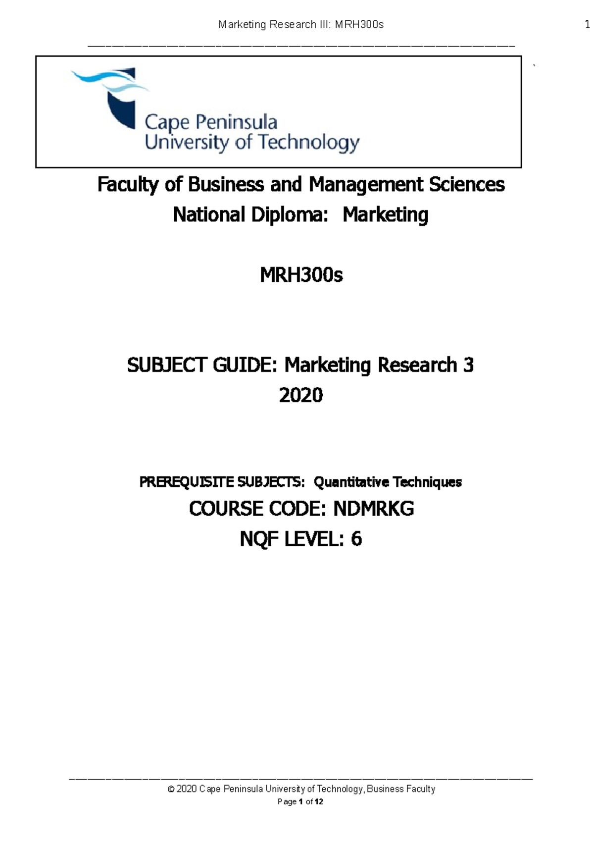 Subject Guide Marketing Research 3 2020 - ` Faculty of Business and ...