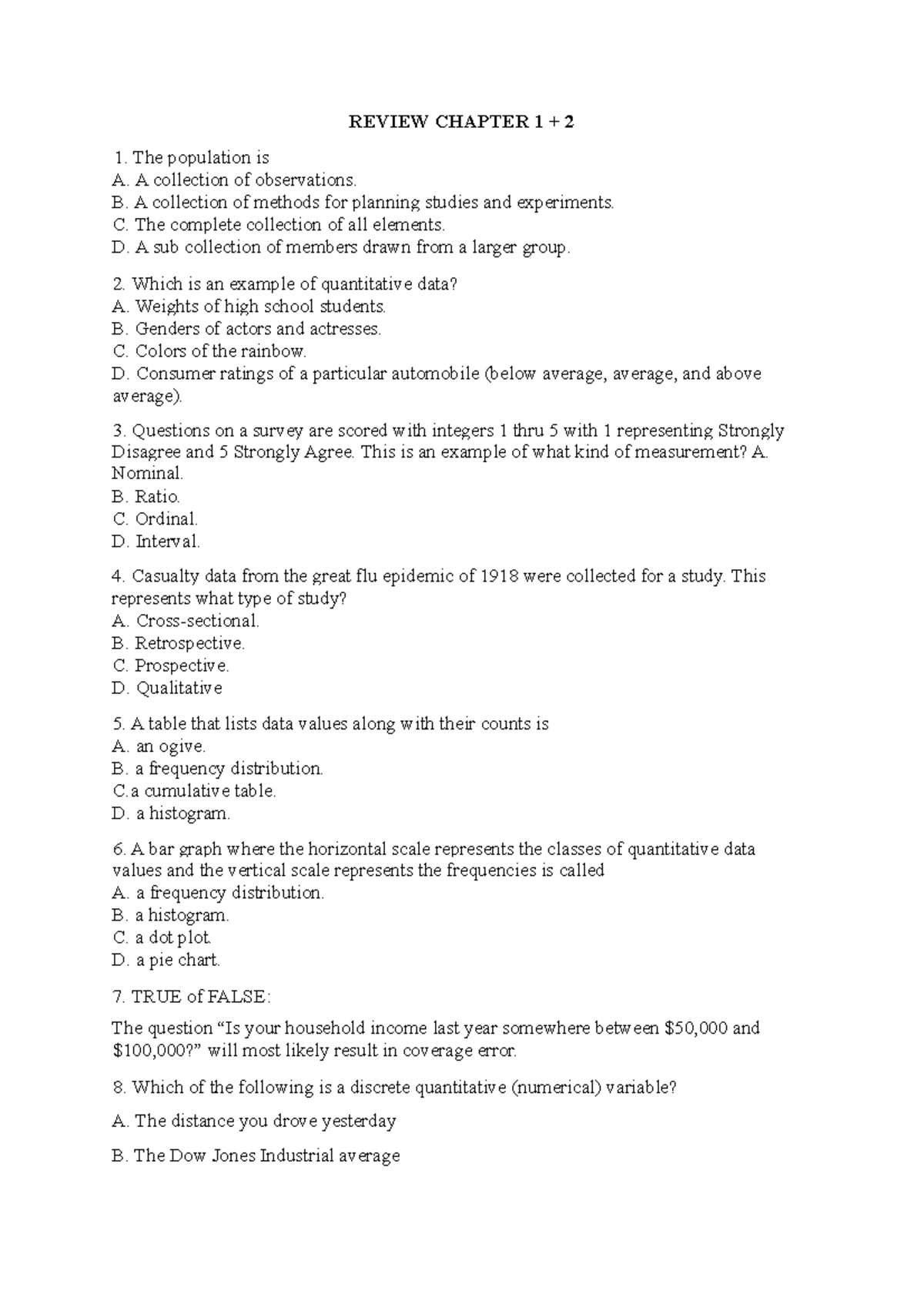 Review Chapter 1 2 - very usefull - REVIEW CHAPTER 1 + 2 The population ...