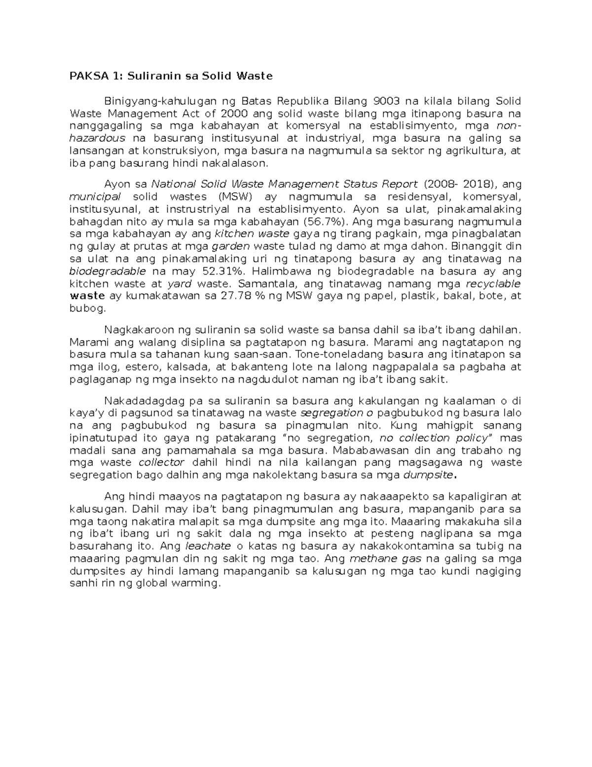 LMppt 4 PAKSA 1 Suliranin sa Solid Waste Binigyangkahulugan ng