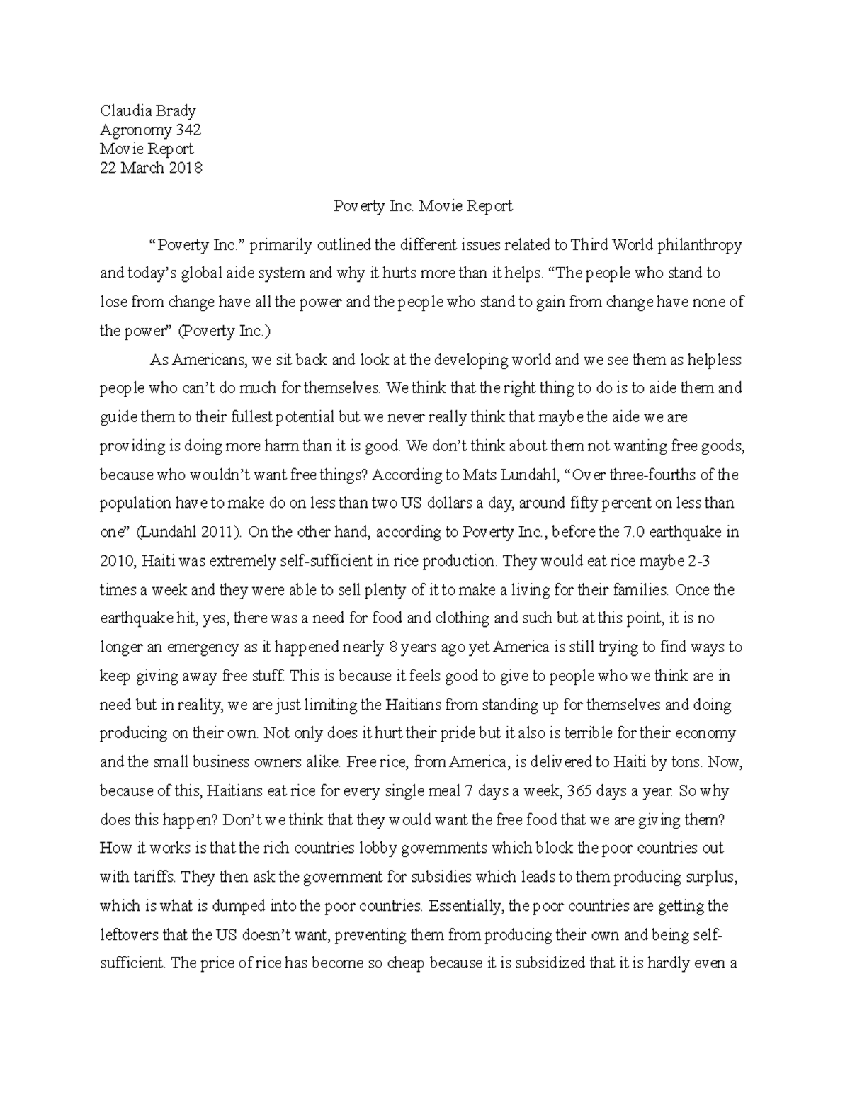 Movie Report - Essay - Claudia Brady Agronomy 342 Movie Report 22 March ...