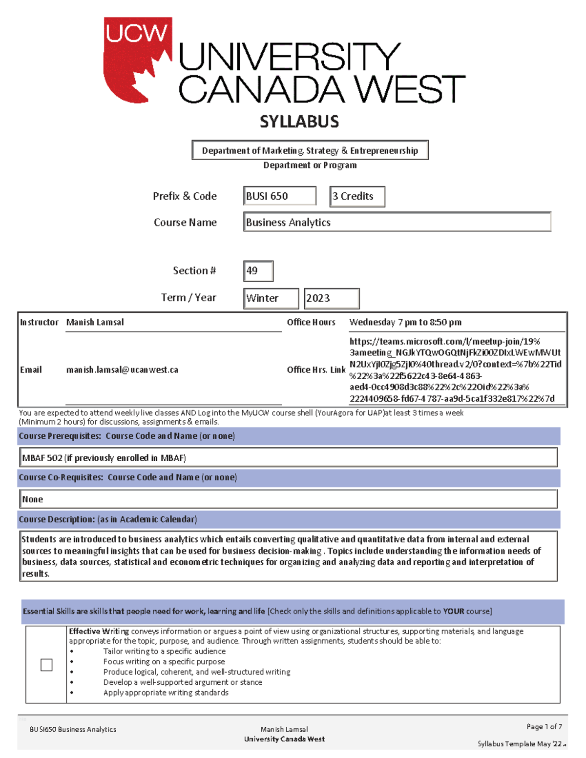 Syllabus - Business Analytics (650) - BUSI650 Business Analytics Page 1 ...