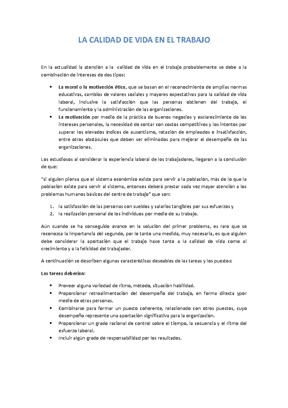 LA Calidad DE VIDA EN EL Trabajo - LA CALIDAD DE VIDA EN EL TRABAJO En ...