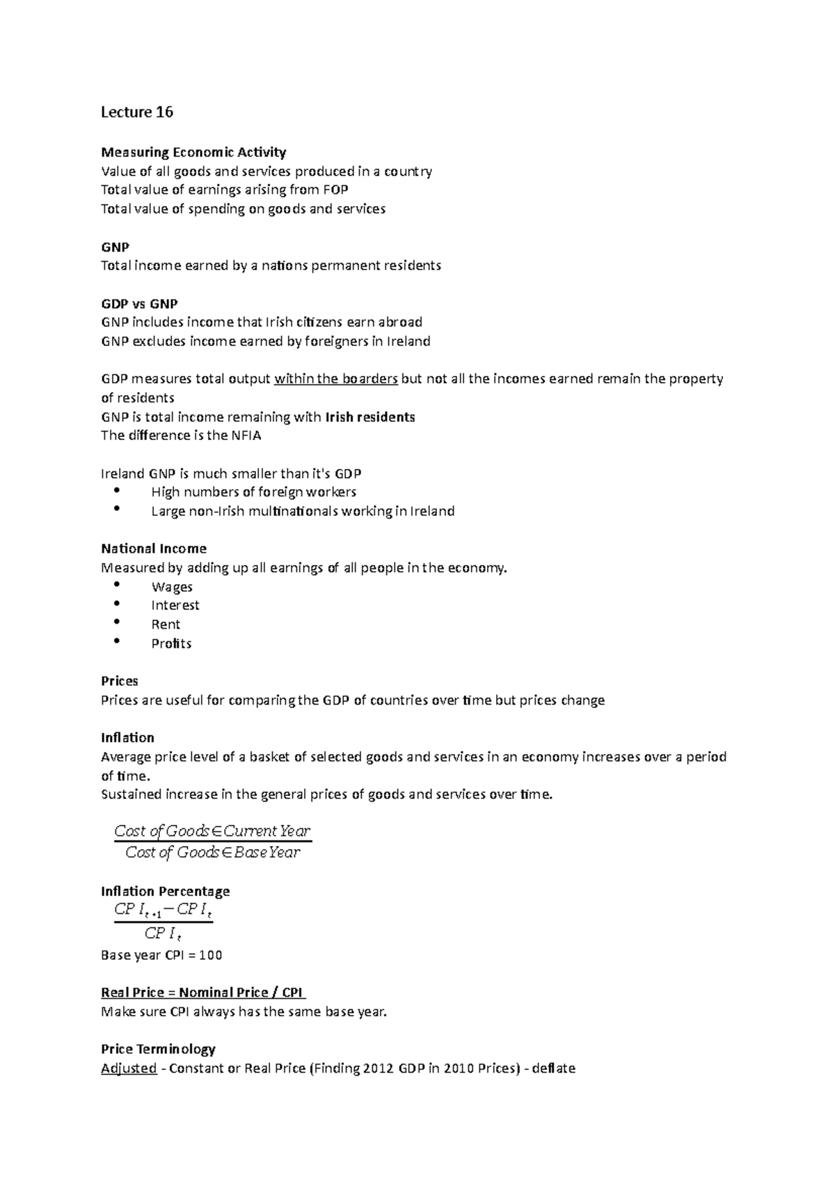 Lecture 16 - Week 16 Summary Notes - Lecture 16 Measuring Economic ...