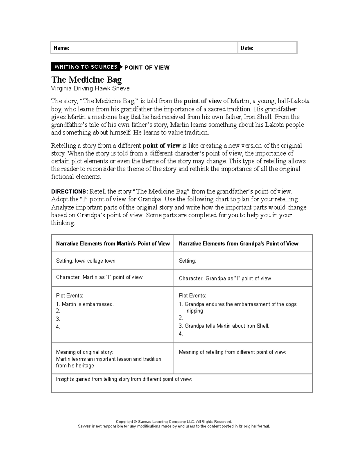 Writing to Sources POV The Medicine Bag Name Date POINT OF VIEW The