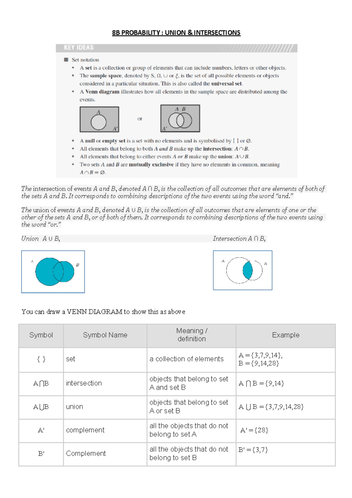 Probability Lesson 2 Intersection And Union - 8B PROBABILITY : UNION ...