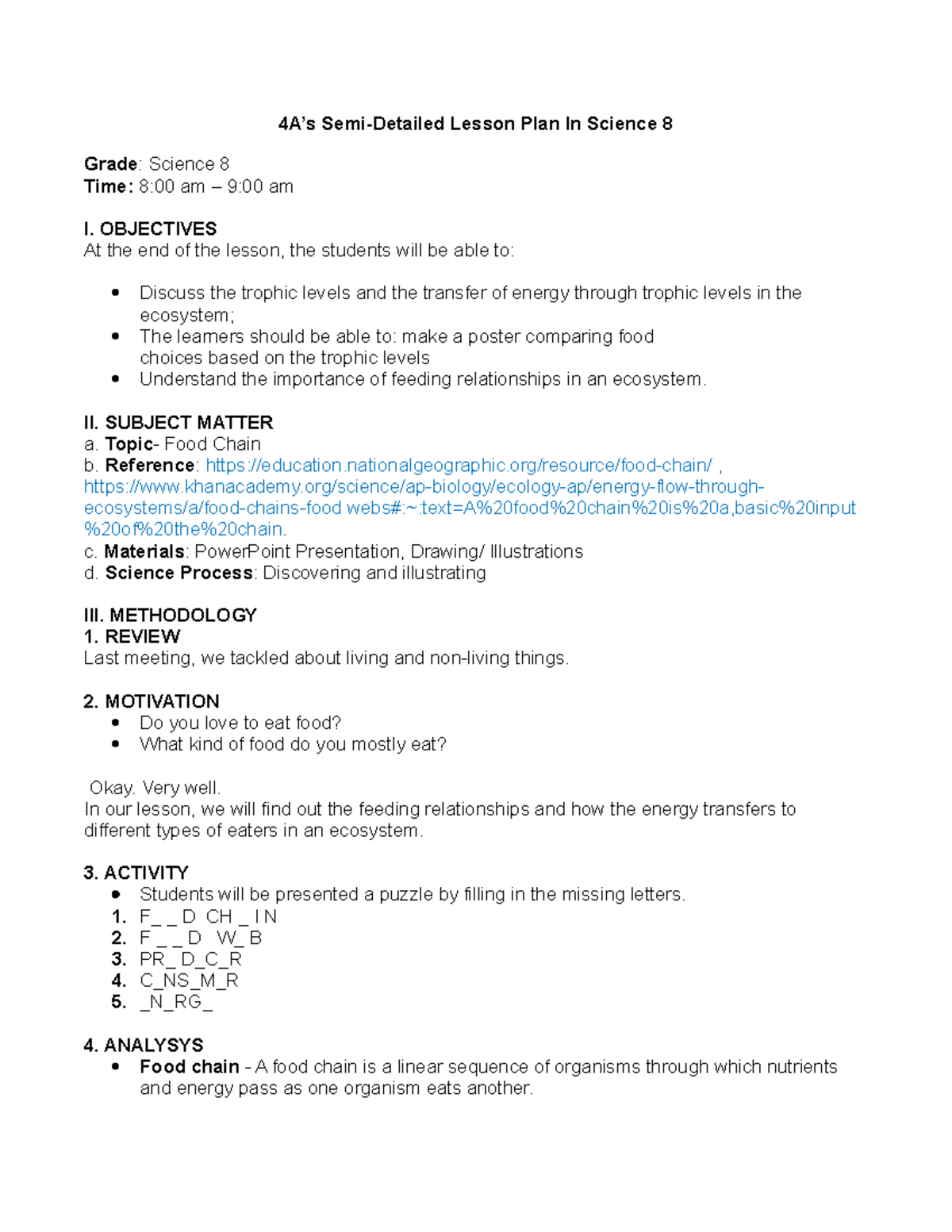 My 4as Lesson Plan 4as Semi Detailed Lesson Plan In Science 8 Grade Science 8 Time 800 Am 2929