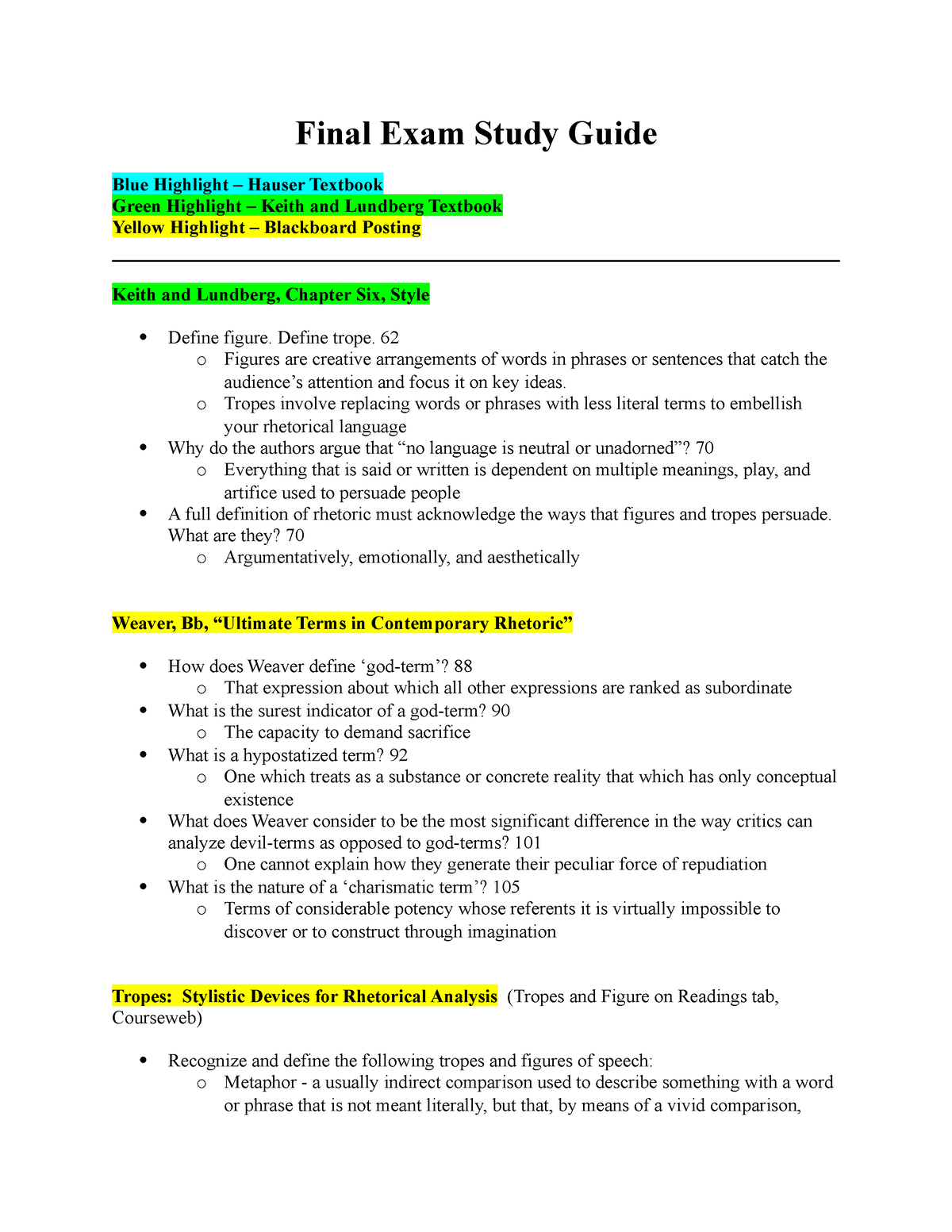Final Quiz Study Guide - Study Guide Final Quiz December 1 Be sure