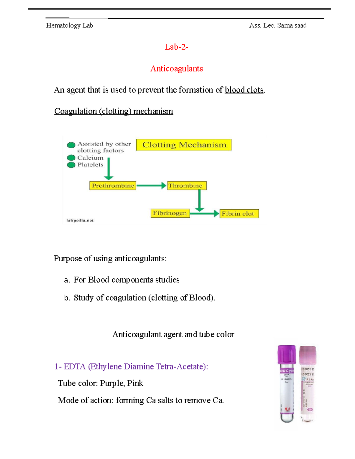 Anticoagulants - Clinical Biochemistry - Lab-2- Anticoagulants An agent ...