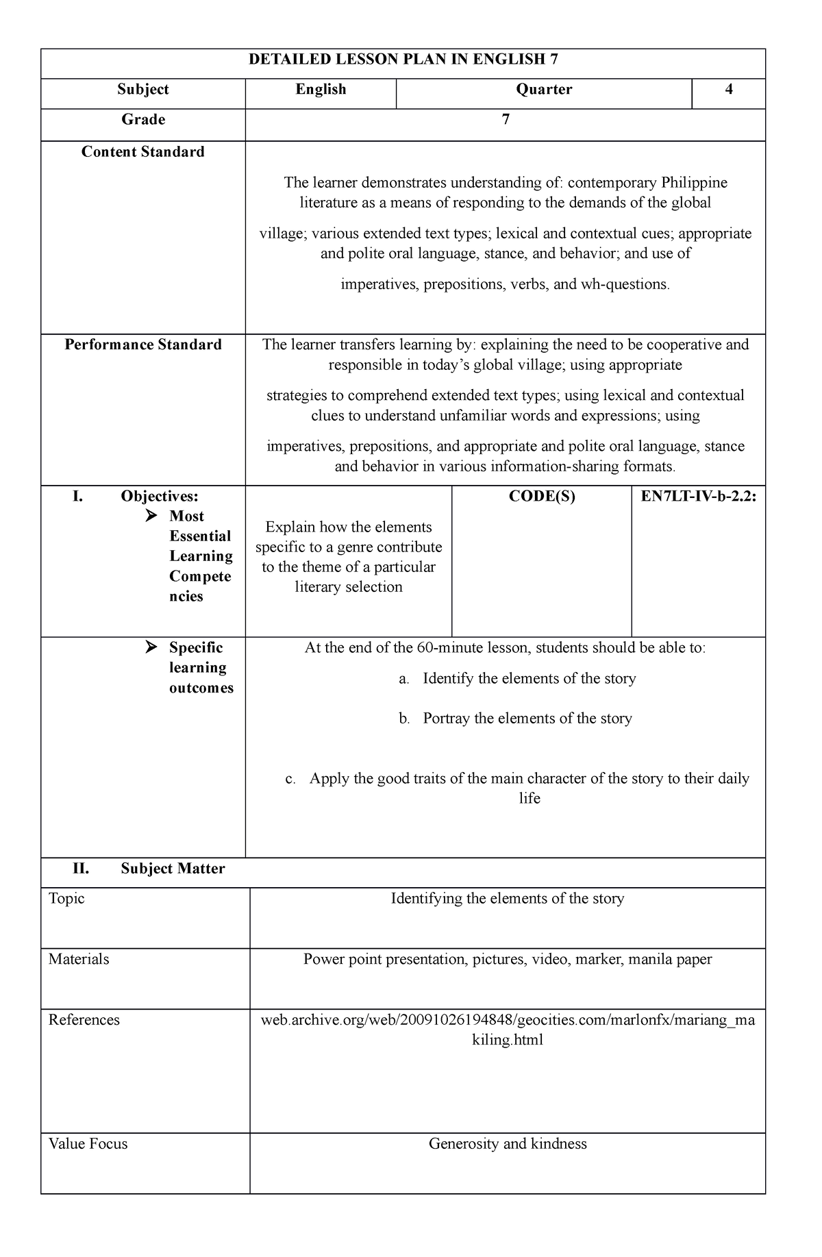 Detailed Lesson PLAN IN English 7 literature - DETAILED LESSON PLAN IN ...