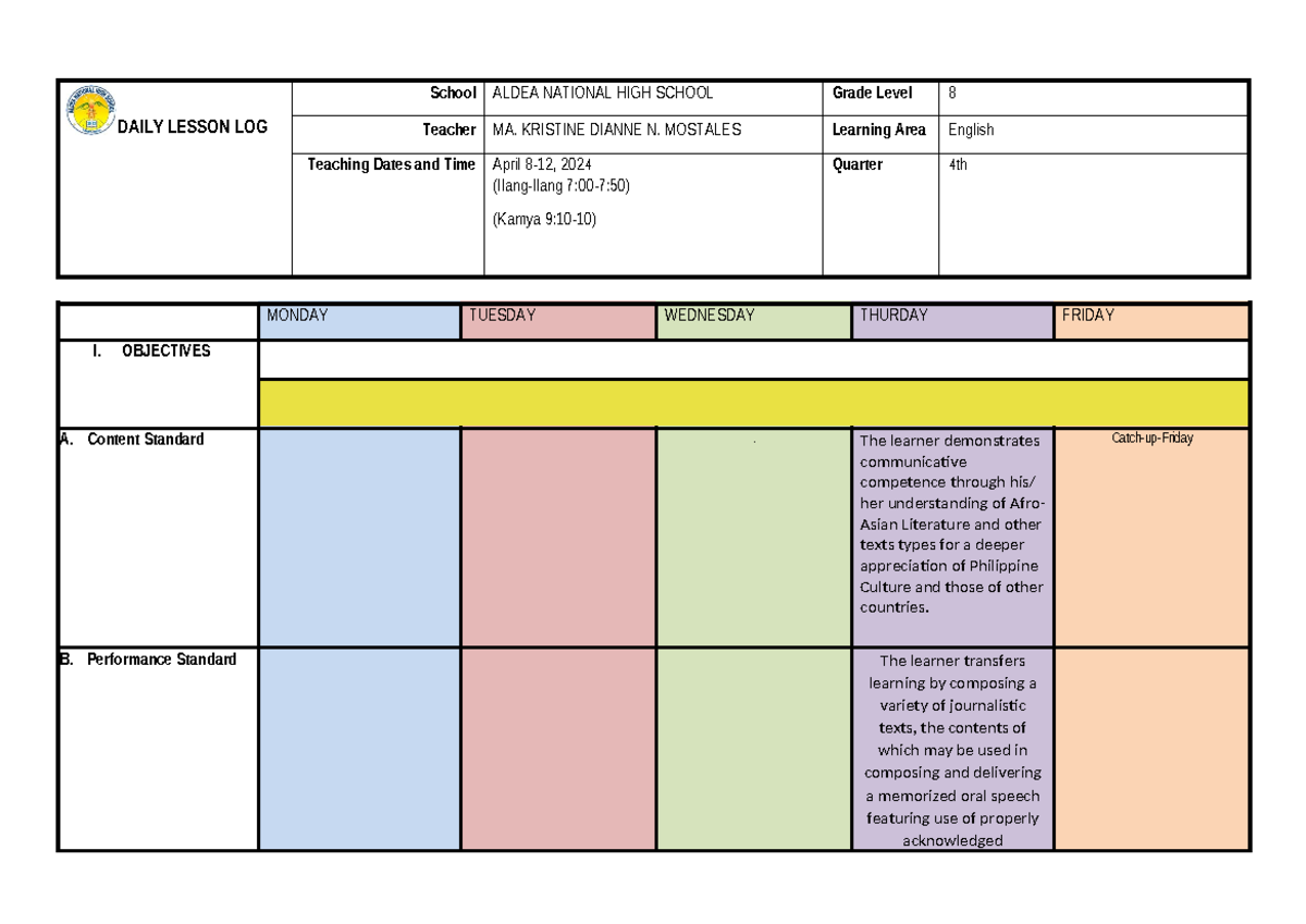 DLL- Template - daily lesson log - DAILY LESSON LOG School ALDEA ...