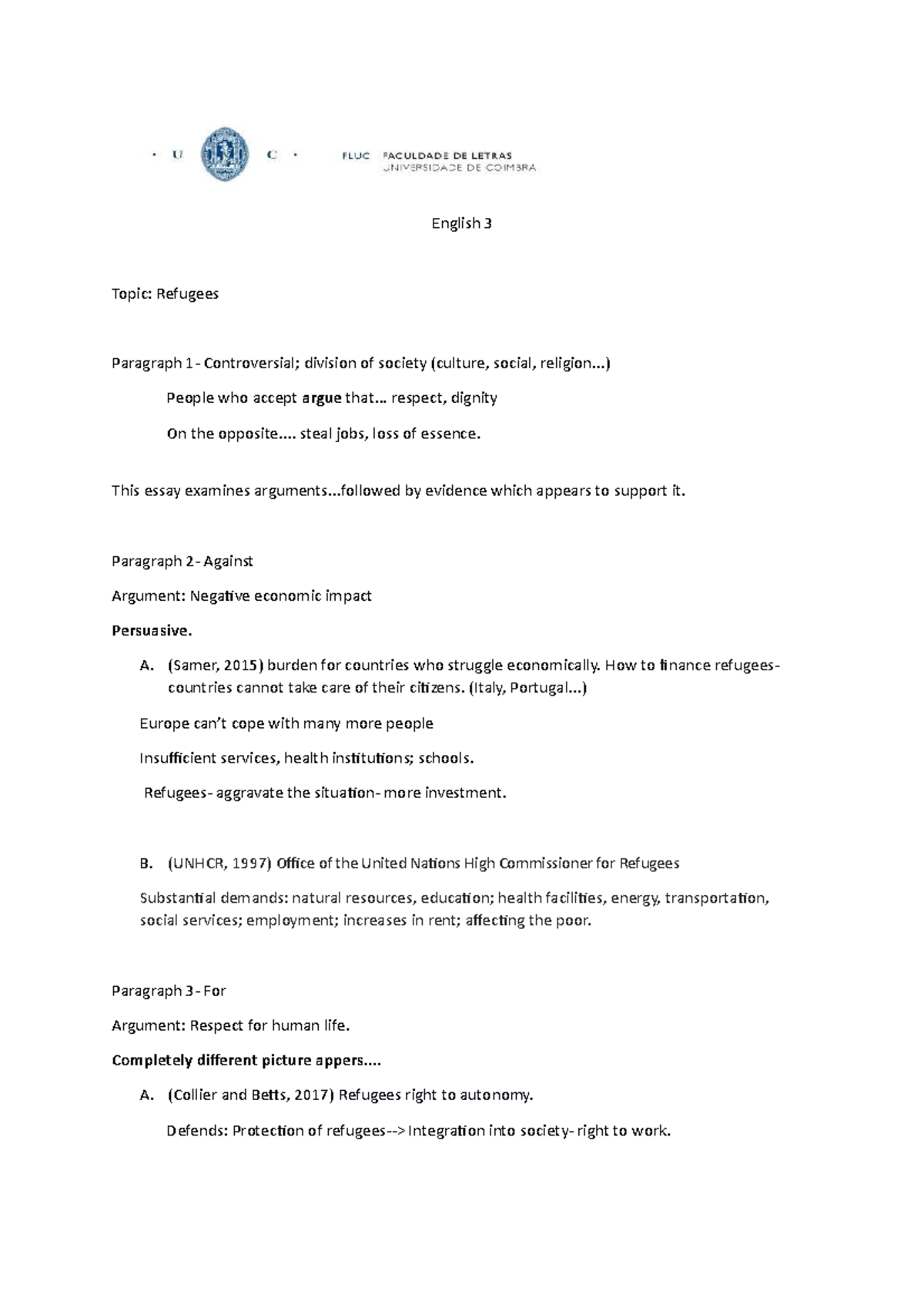 Refugees-essay (planification) - English 3 Topic: Refugees Paragraph 1 ...