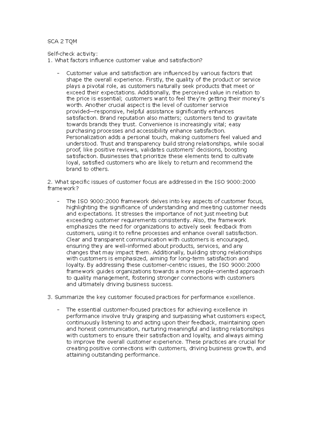 SCA 2 Total Quality Management - SCA 2 TQM Self-check activity: What ...