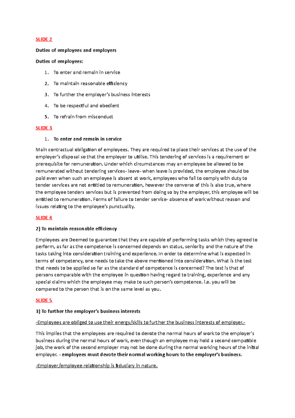 Theme 2 PART 2 - Notes taken - SLIDE 2 Duties of employees and ...