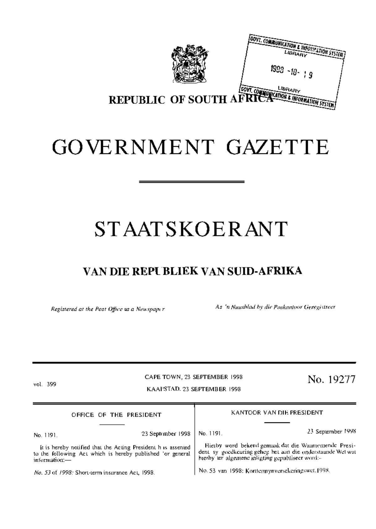 Short term Insurance Act 53 Of 1998 REPUBLIC OF SOUTHAF GO VE RNM E