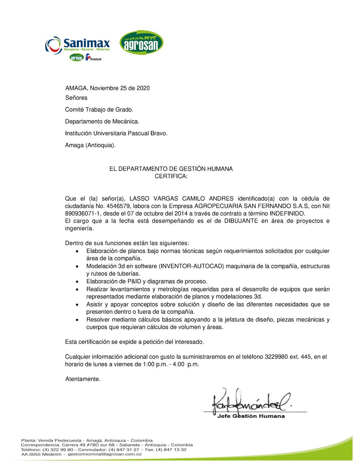 Carta De Validacion Experiencia Laboral Camilo Lasso Amaga Noviembre 25 De 2020 Señores