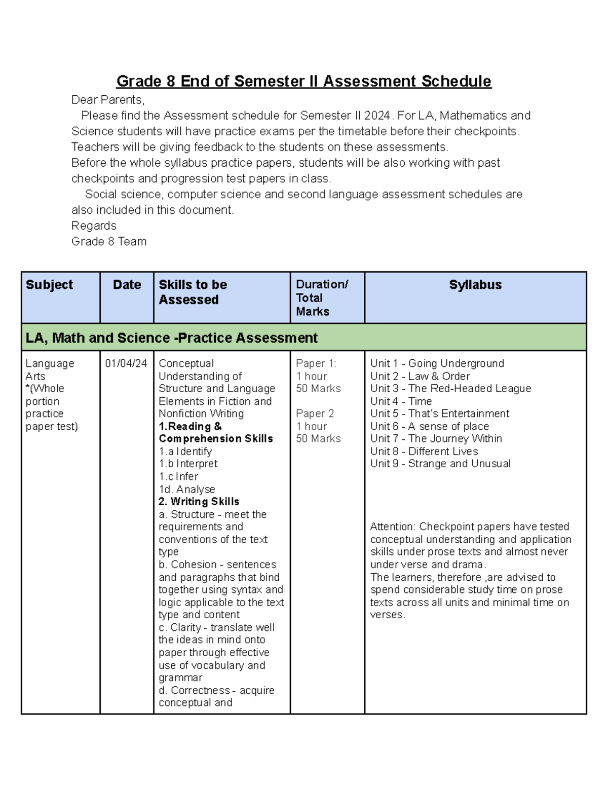 2023-24 Grade 8 End of Semester II Assessment Schedule - Grade 8 End of ...