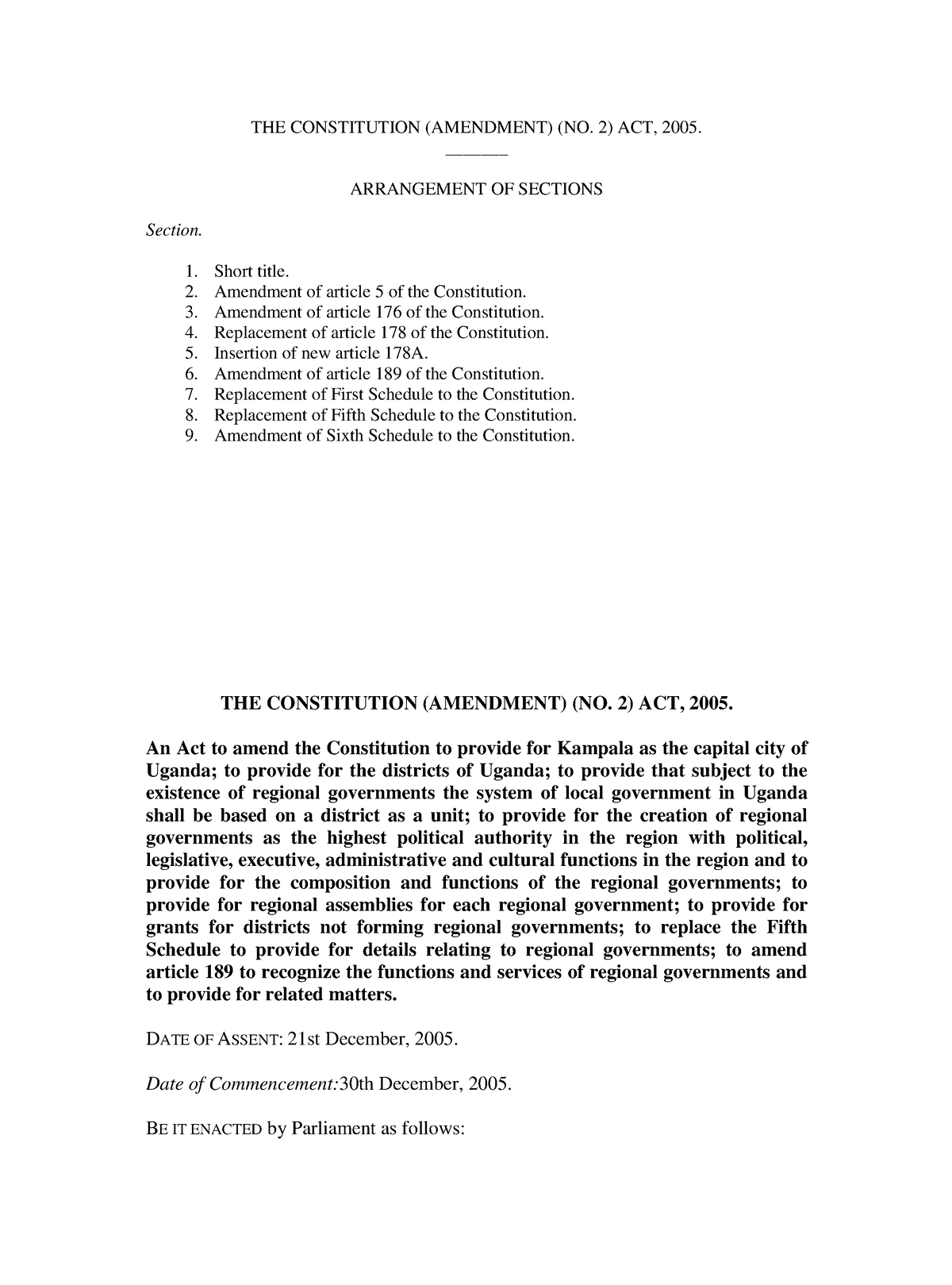 Constitution Amendment No.2 Act of 2005 BACHELOR OF LAW UCU Studocu