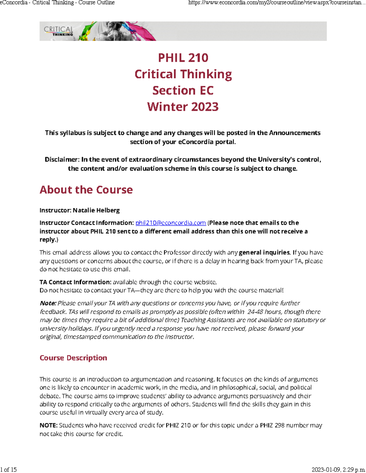 E Concordia - Critical Thinking - Course Outline - PHIL 210 Critical ...