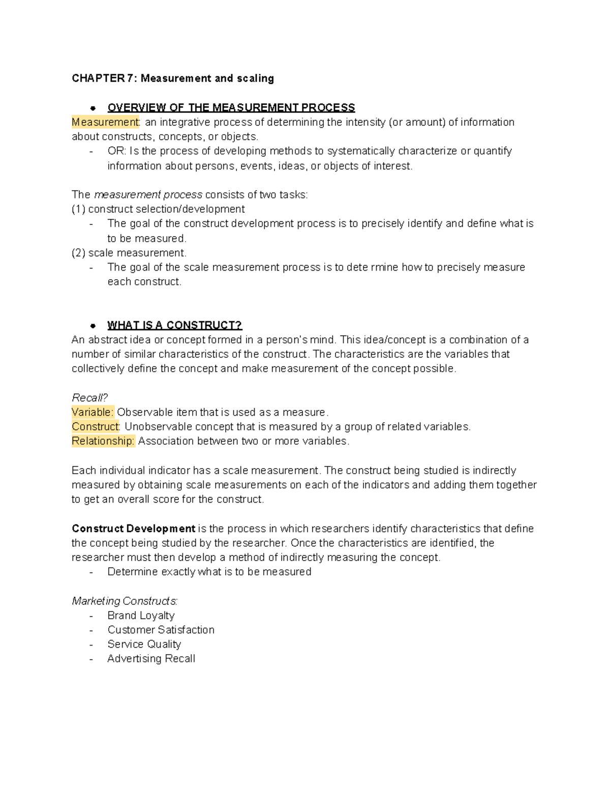 Notes Chapter 7 Market Research - CHAPTER 7: Measurement and scaling ...
