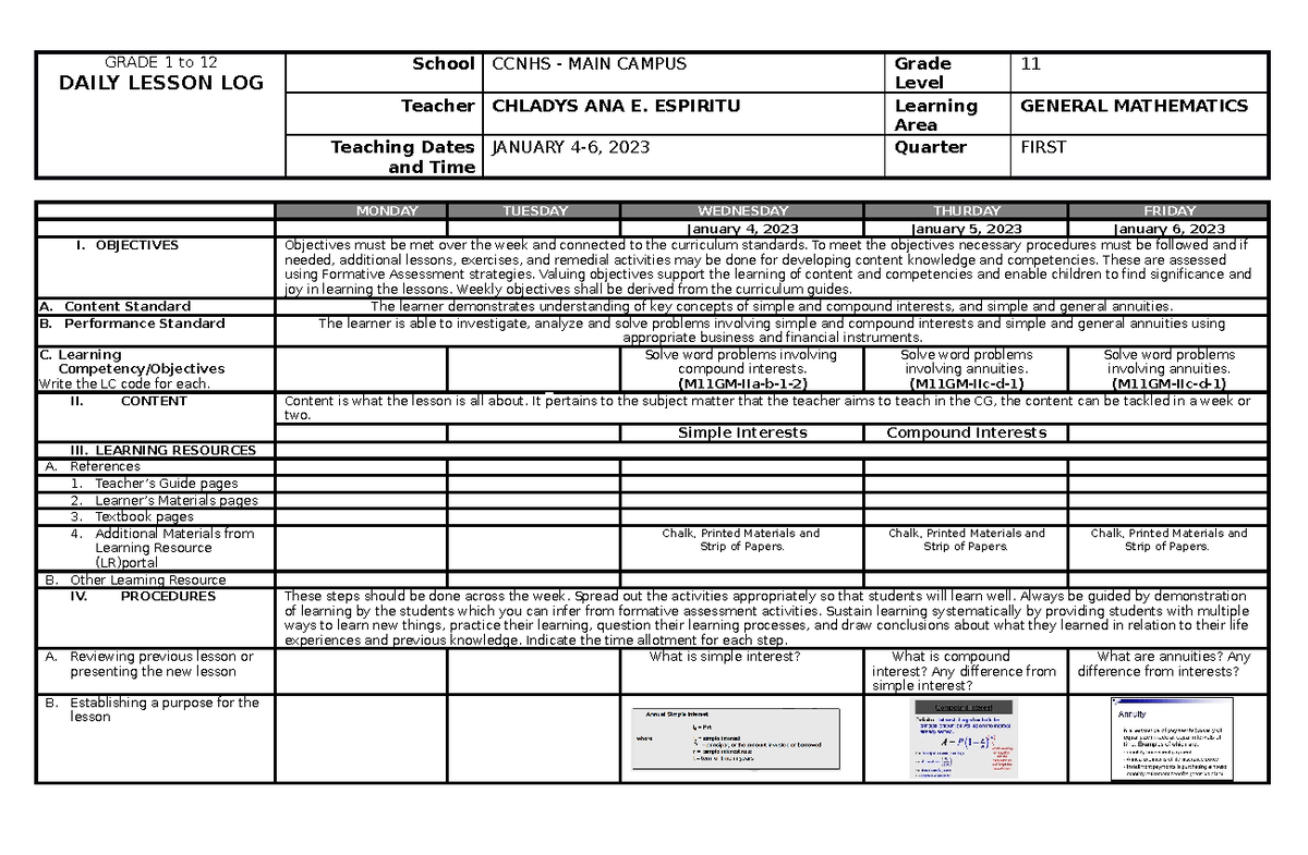 DLL - Lesson Plan - GRADE 1 to 12 DAILY LESSON LOG School CCNHS - MAIN ...