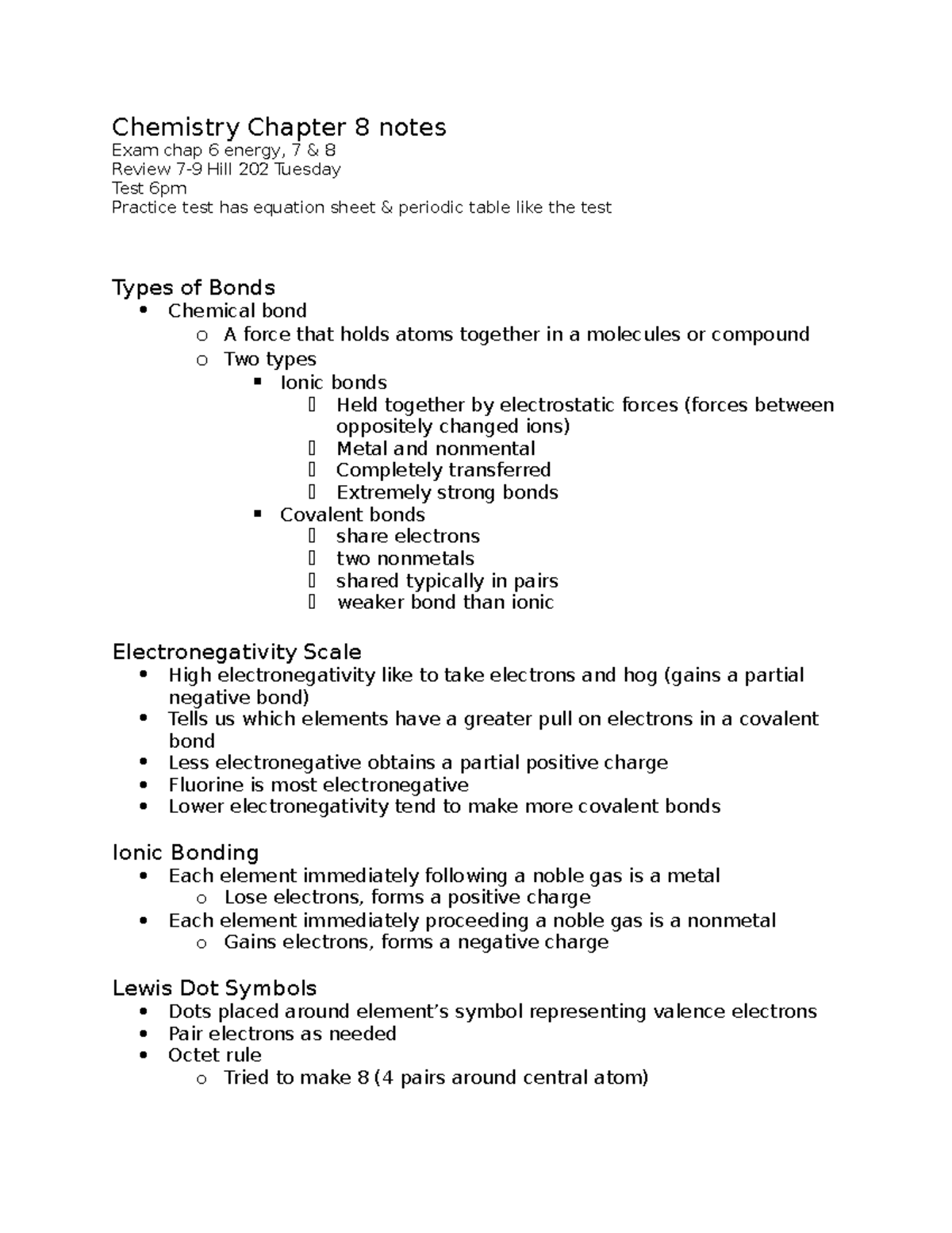 Chemistry Chapter 8 Notes Chemistry Chapter 8 notes Exam chap 6