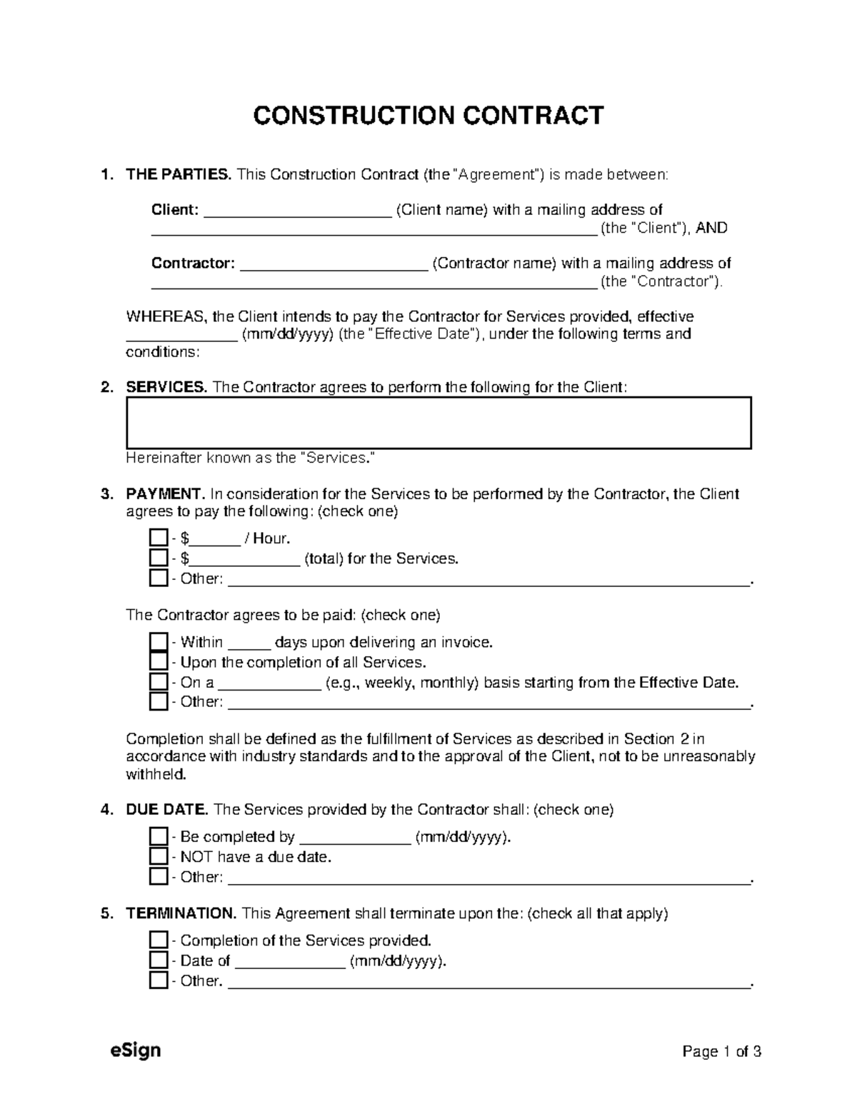 Construction Contract Page 1 Of 3 CONSTRUCTION CONTRACT THE PARTIES