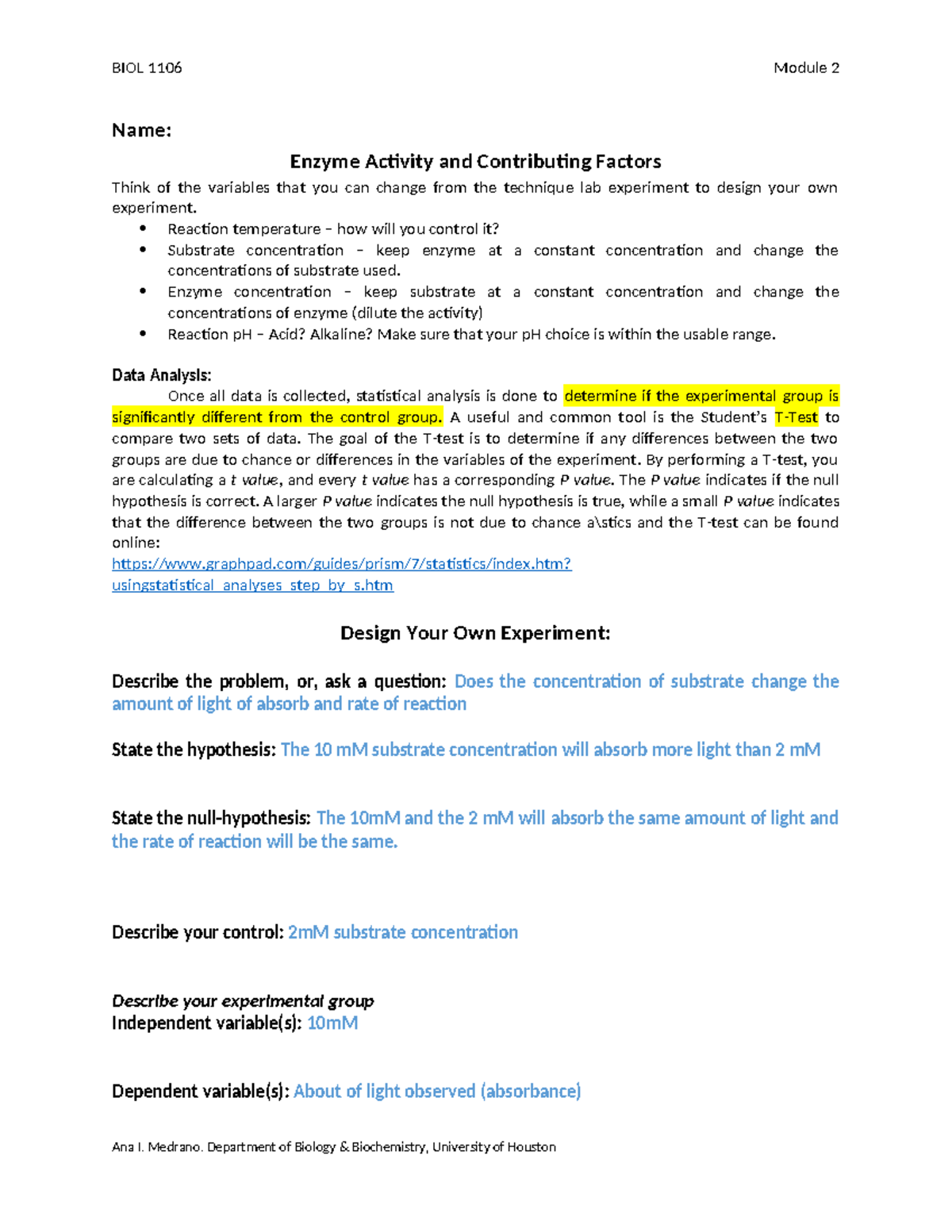 Mod2 Design Your Own Experiment Enzymatic Activity - BIOL 1106 Module 2 ...