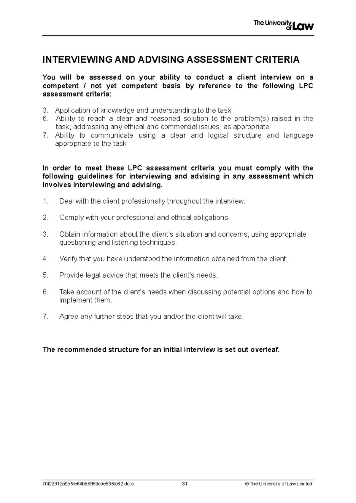 interviewing assessment guidance - INTERVIEWING AND ADVISING ASSESSMENT ...