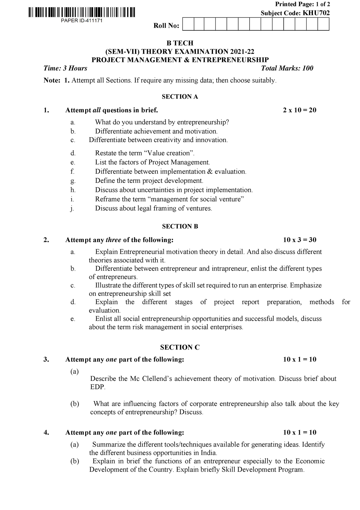 Btech Hu 7 Sem Project Management And Entrepreneurship Khu702 2022 ...