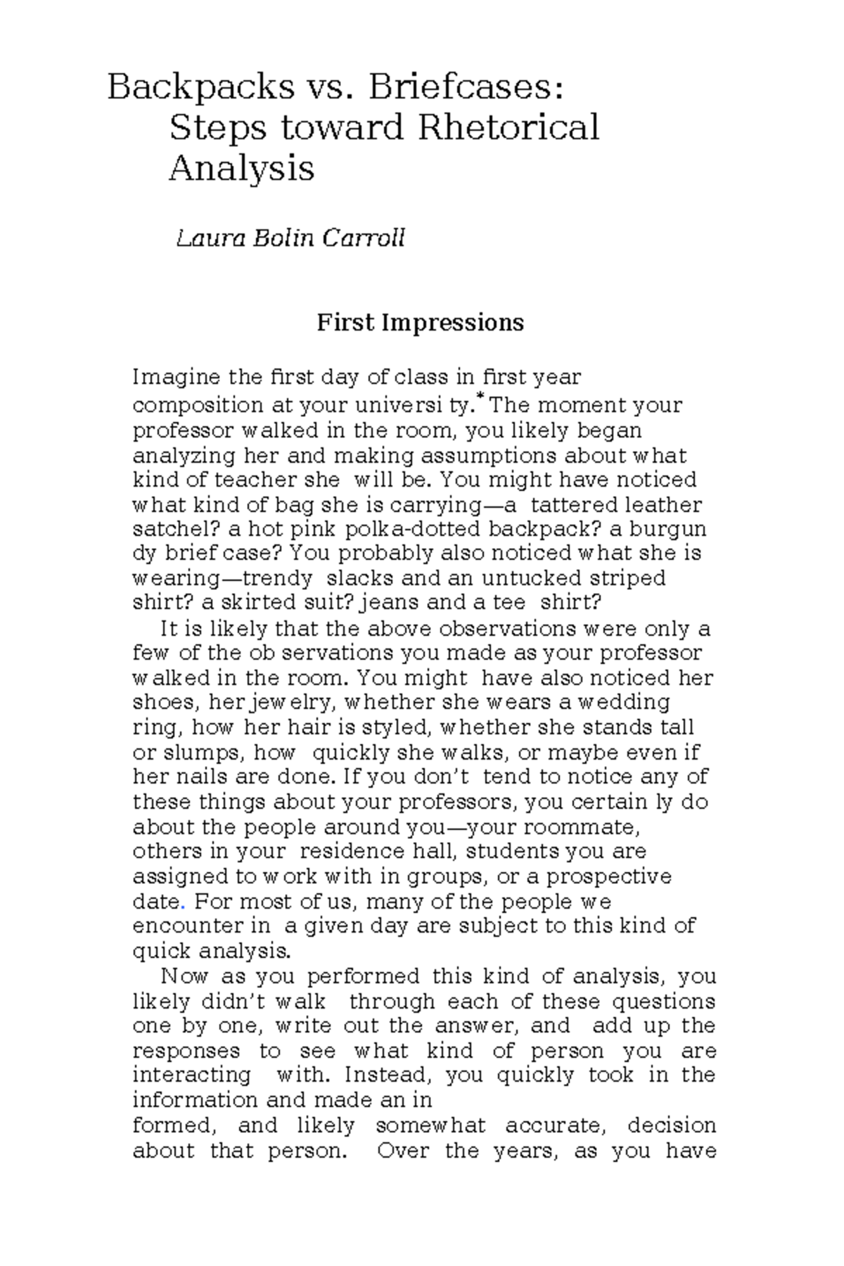 Carroll and Foster Backpacks vs. Briefcases Steps toward Rhetorical