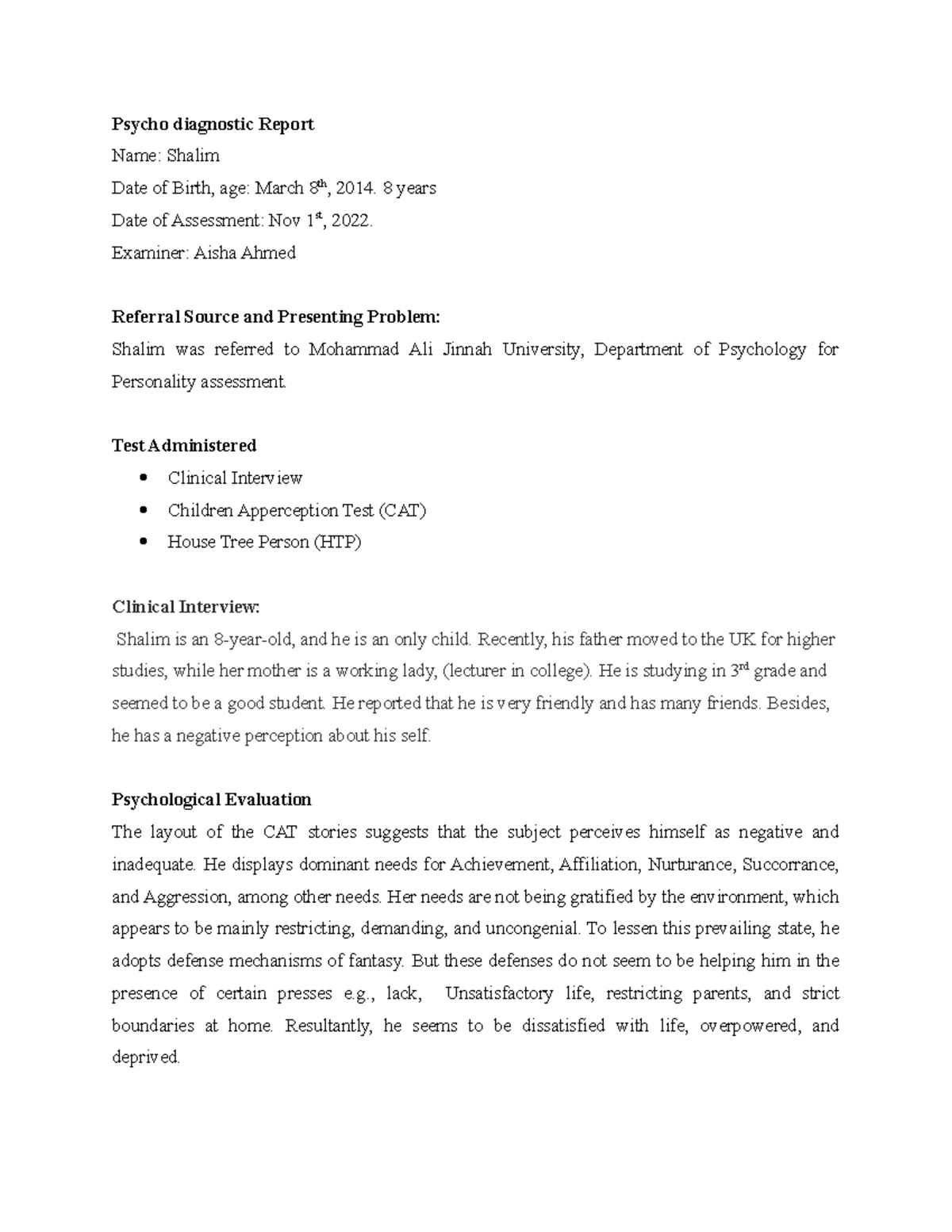 Shalim report - Psycho diagnostic Report Name: Shalim Date of Birth ...