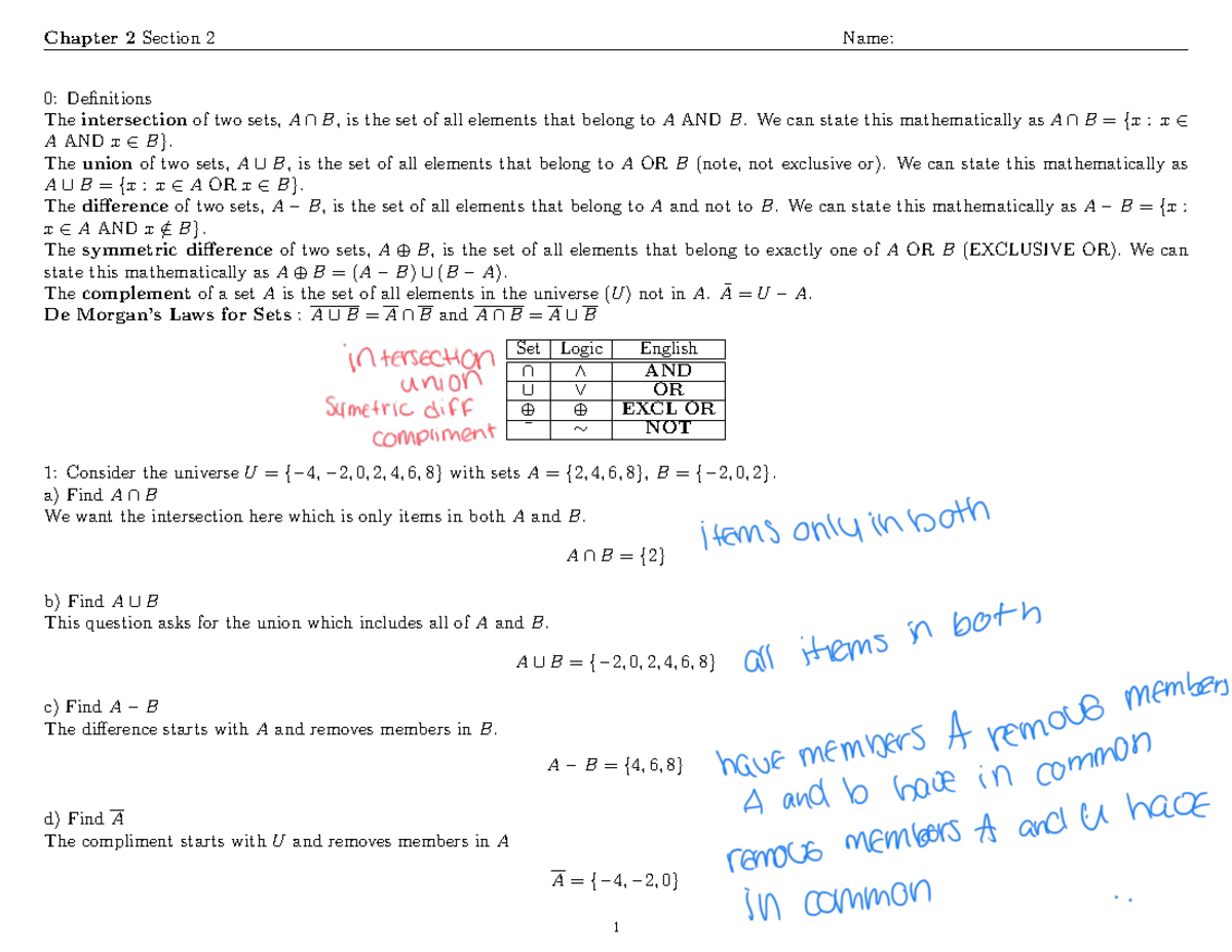 Chapter 2 Section 2 (Intersection, Symmetric Difference, De Morgans Law ...