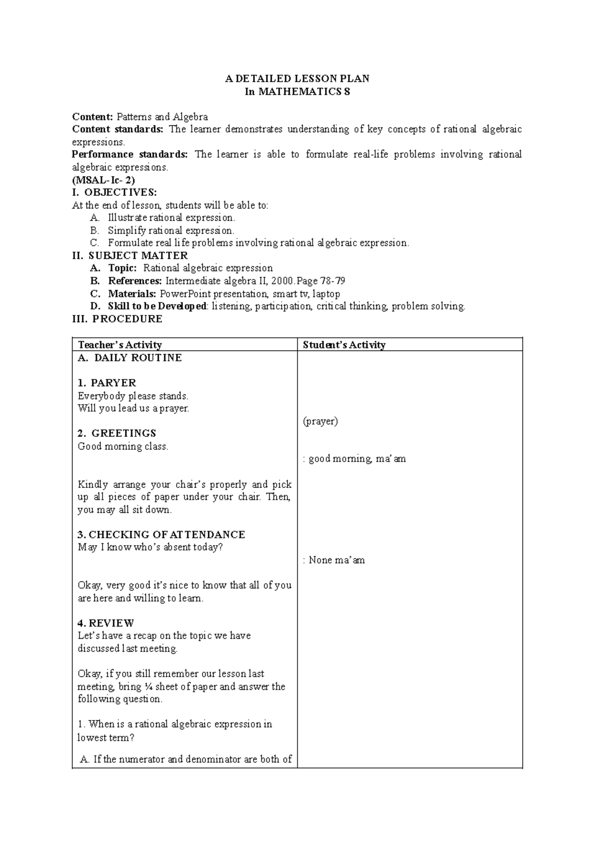 Dlp in math ni ganda ko - A DETAILED LESSON PLAN In MATHEMATICS 8 ...