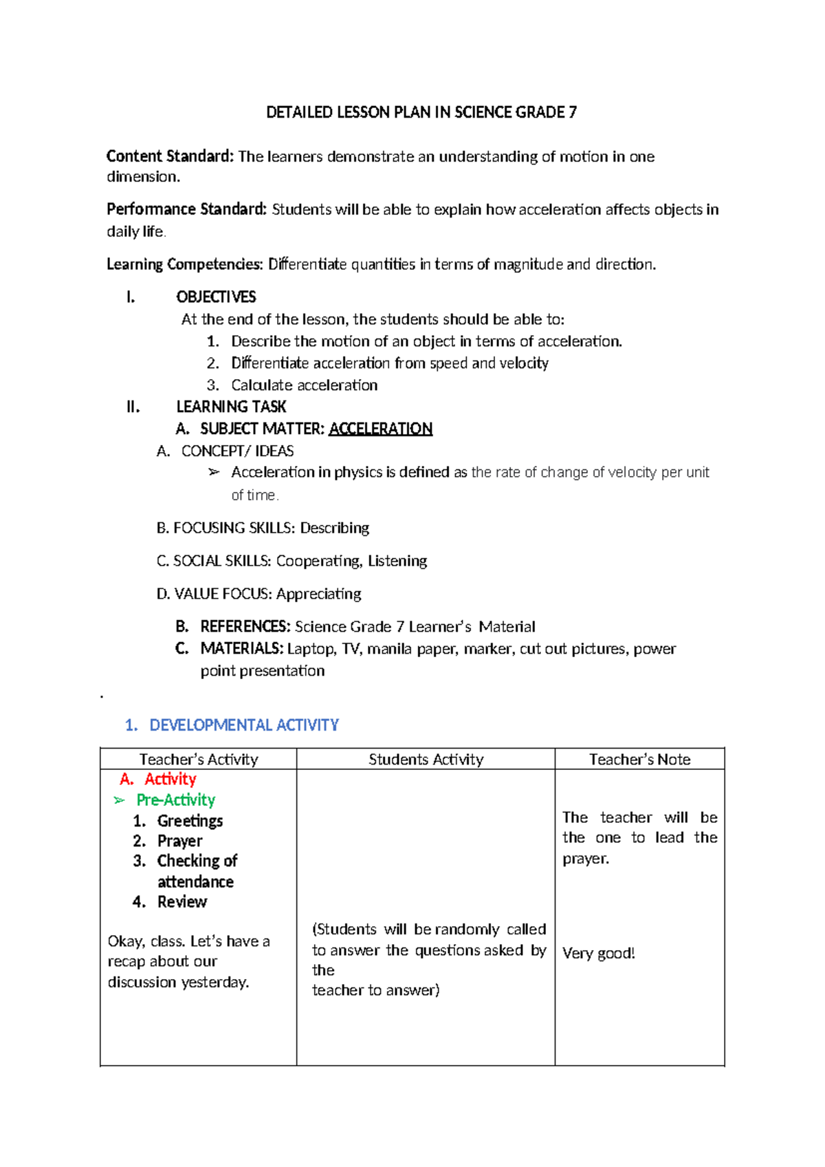 LP-Acceleration(Grade 7) - DETAILED LESSON PLAN IN SCIENCE GRADE 7 ...