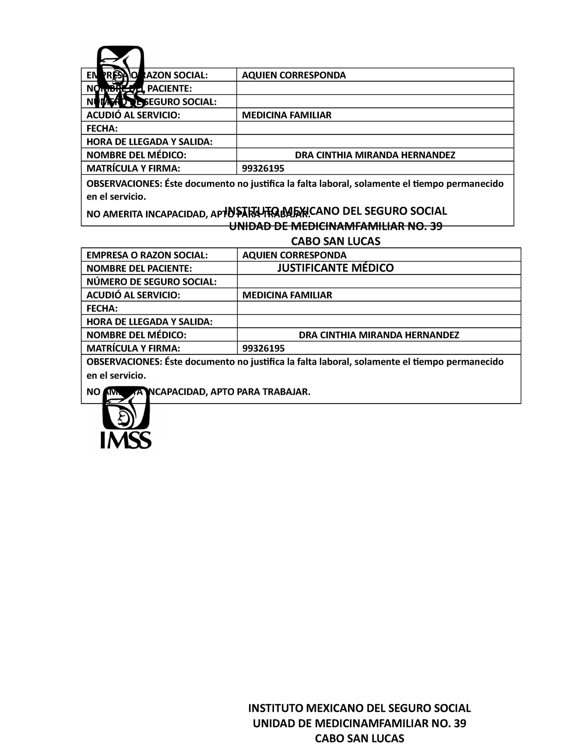 Justificante Medico Imss