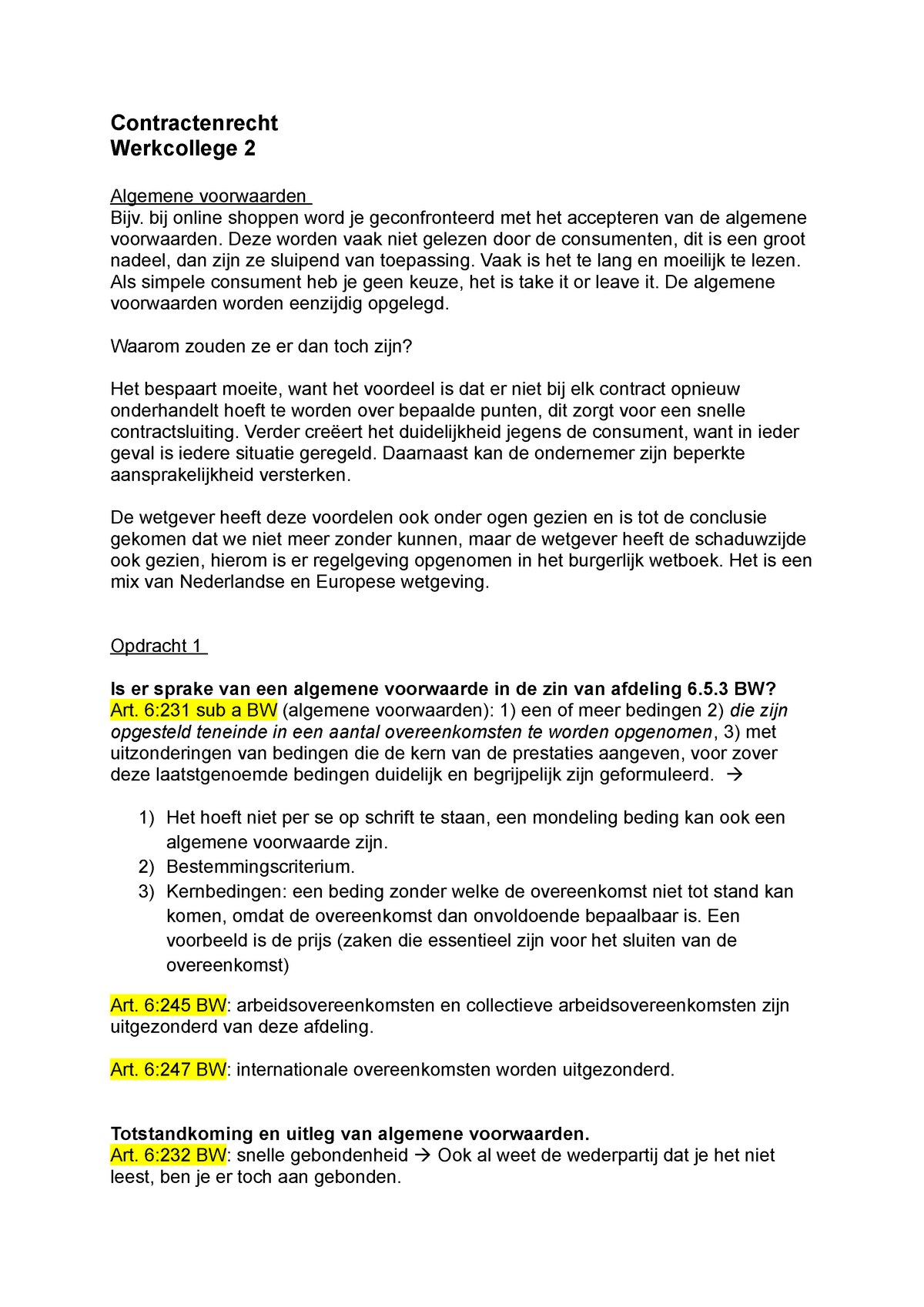 mechanisme Leraar op school Dankbaar WC 2 - Werkcollege 2 uitwerkingen (algemene voorwaarden) + schema -  Contractenrecht Werkcollege 2 - StudeerSnel