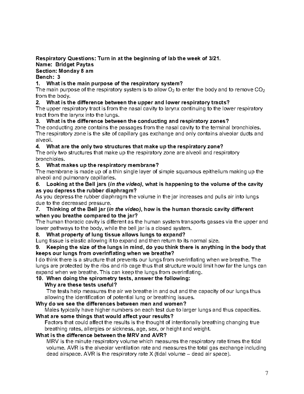 Respiratory Questions - Name: Bridget Paytas Section: Monday 8 am Bench ...
