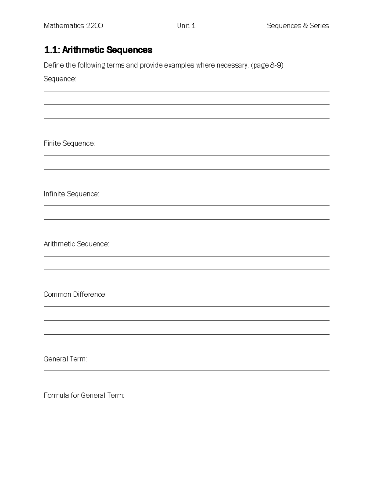 Chapter 1 notes Mathematics 2200 Unit 1 Sequences & Series 1