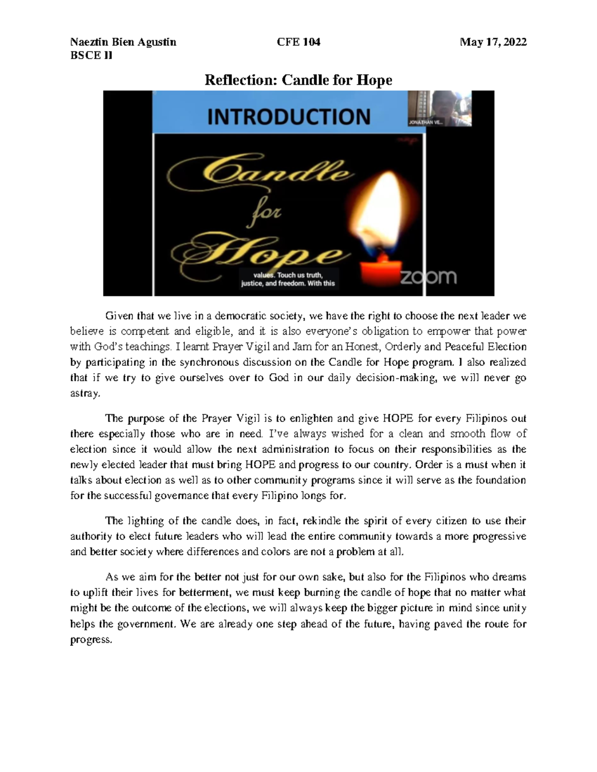 Candle for Hope(Reflection) CFE 104 Naeztin Bien Agustin CFE 104 May